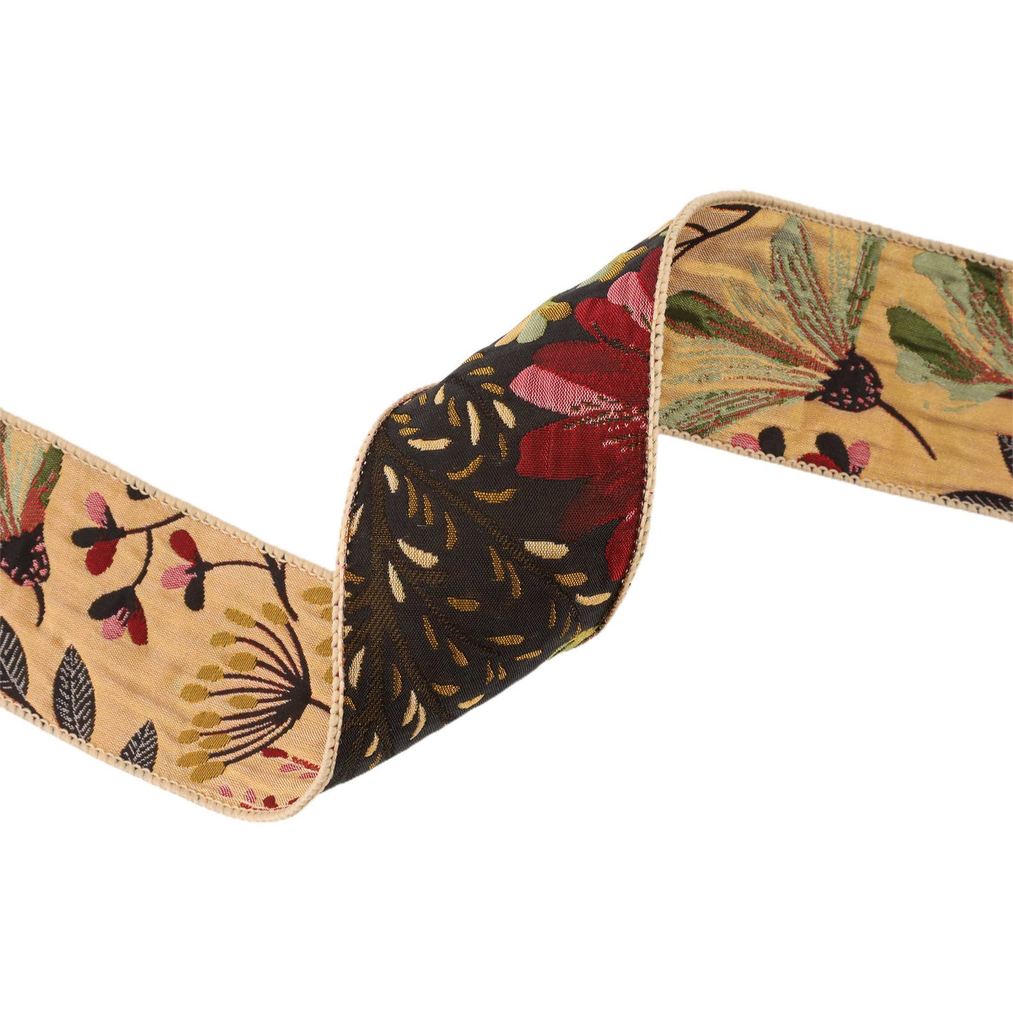 2 1/2" Reversible Floral Tapestry Wired Ribbon | Forest Pale Gold/Black | 5 Yard Roll - TheBOX