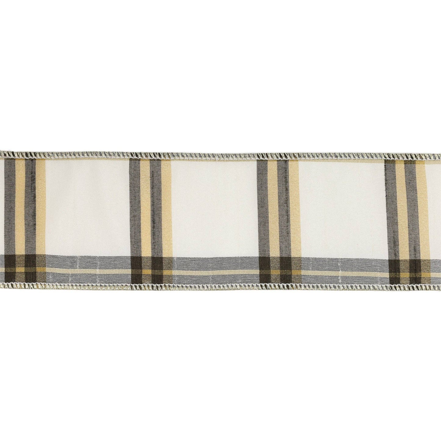 2 1/2" Wired Ribbon | Ivory/Black/Gold Plaid | 10 Yard Roll - TheBOX