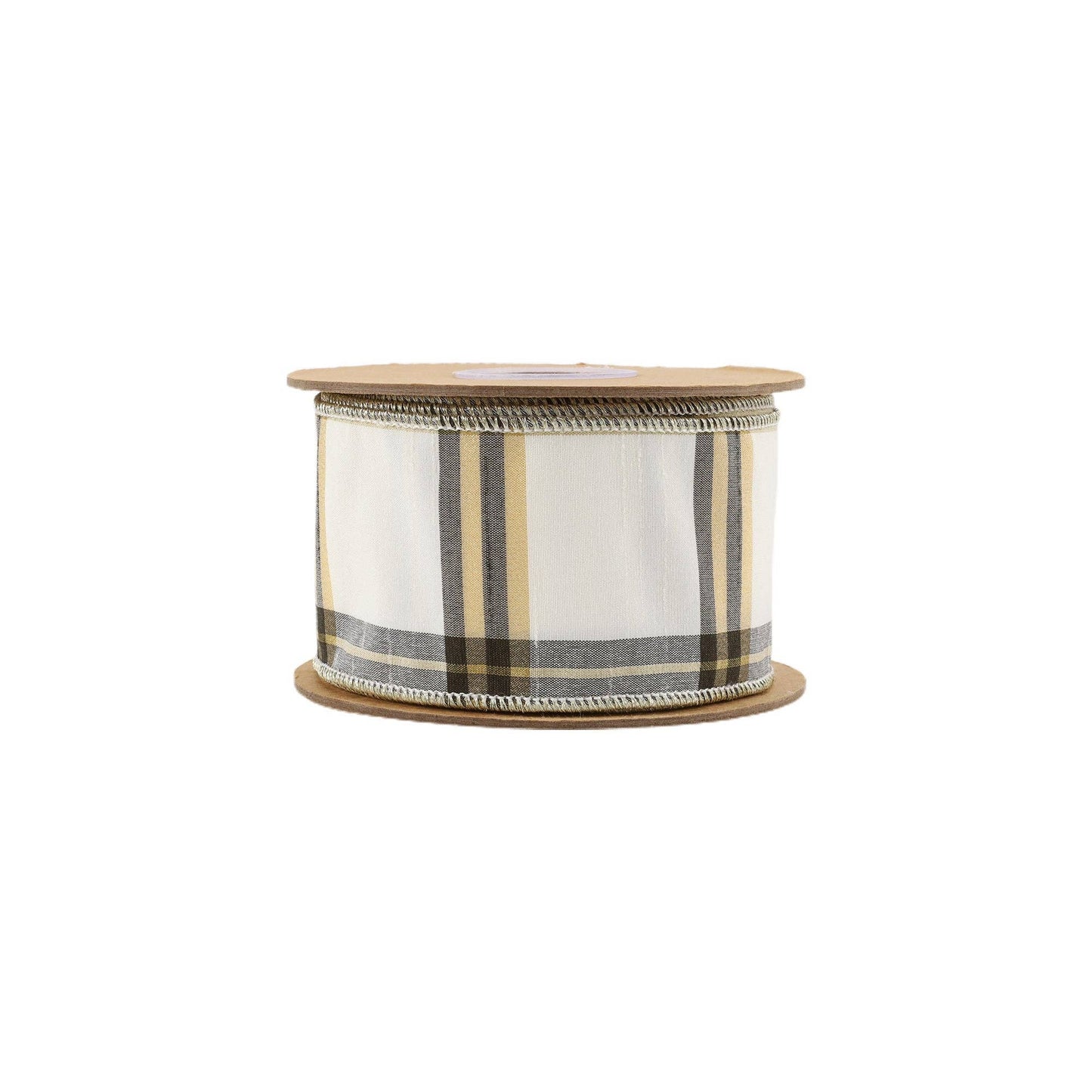 2 1/2" Wired Ribbon | Ivory/Black/Gold Plaid | 10 Yard Roll - TheBOX
