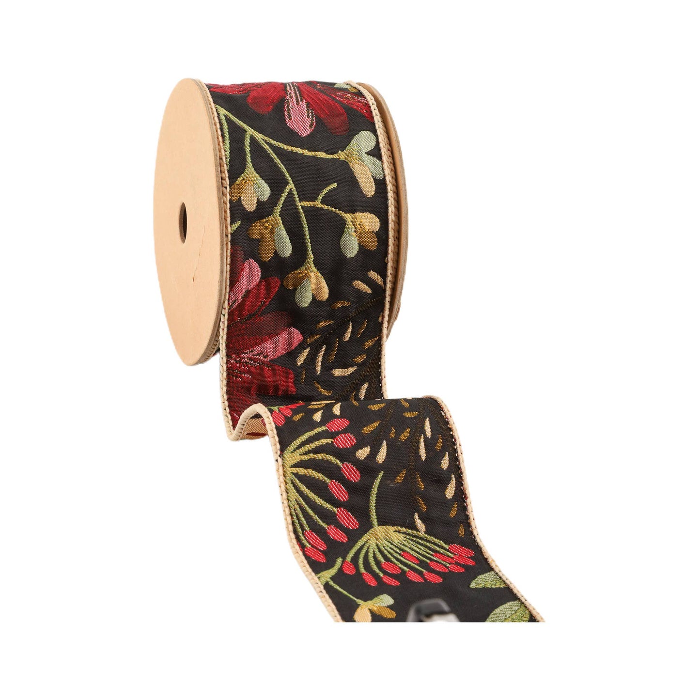 2 1/2" Reversible Floral Tapestry Wired Ribbon | Forest Pale Gold/Black | 5 Yard Roll - TheBOX