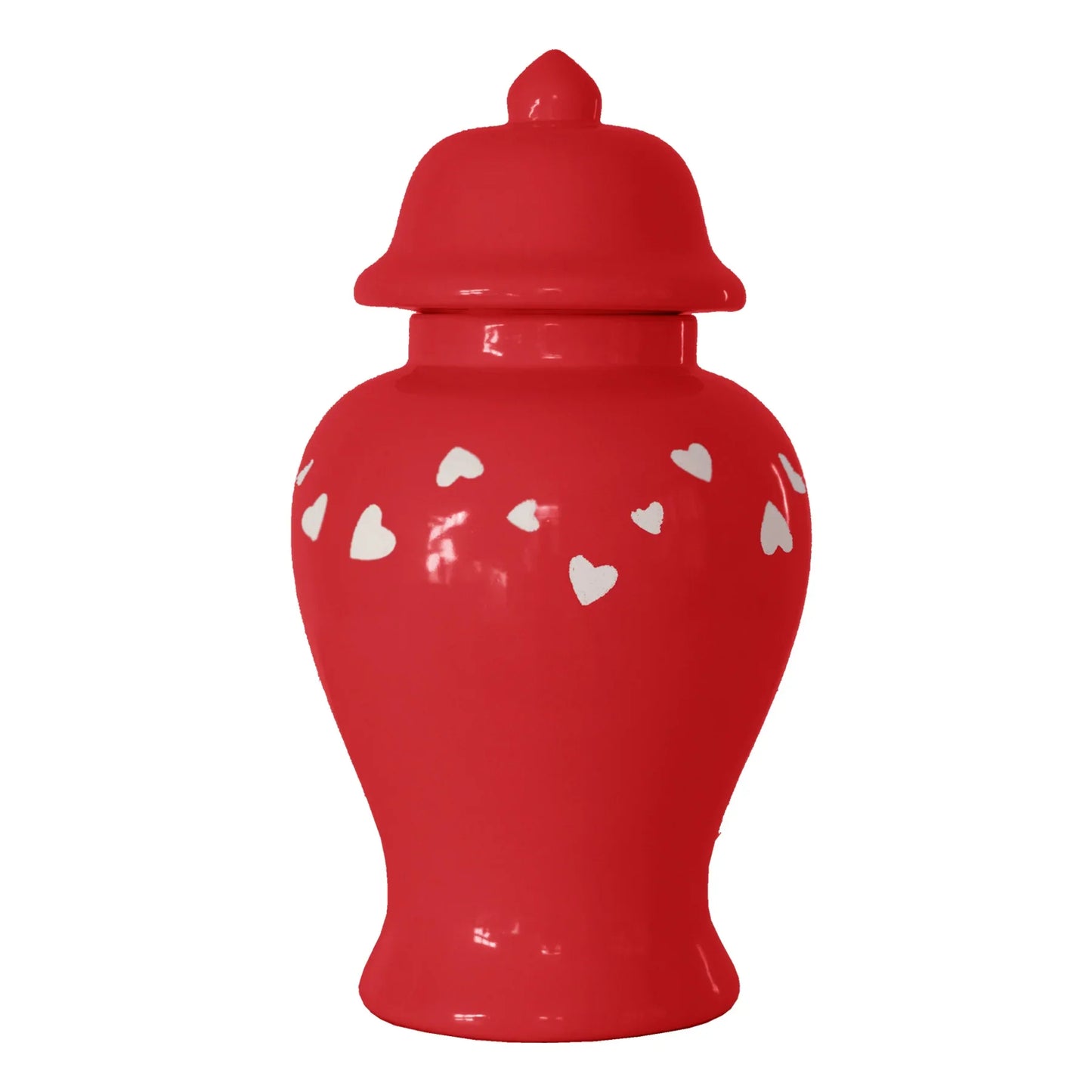 Close-up of the craftsmanship on the 'Love is in the Air' red ginger jar.