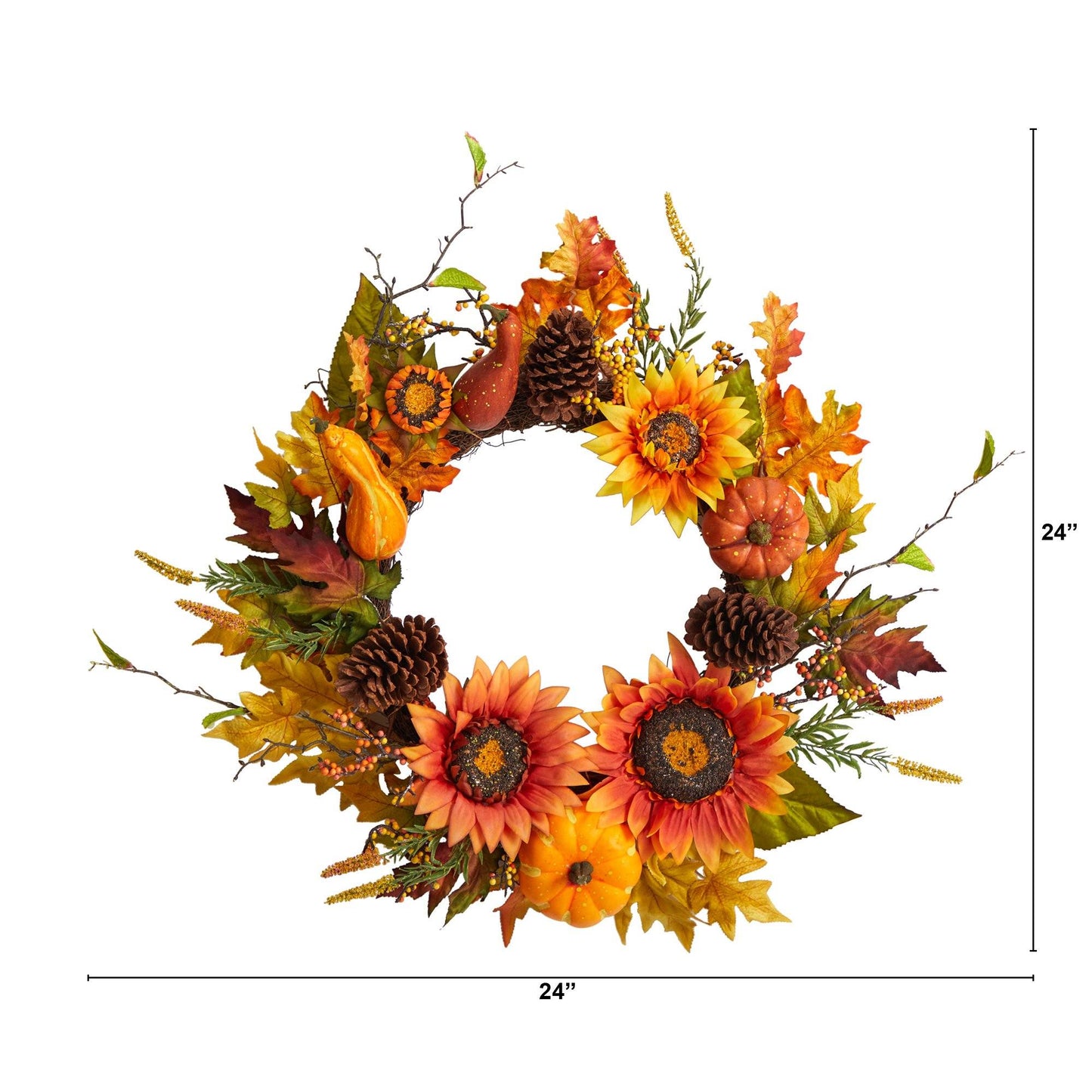 24” Fall Sunflower, Pumpkin, Gourds, Pinecone and Berries Autumn Artificial Wreath - TheBOX