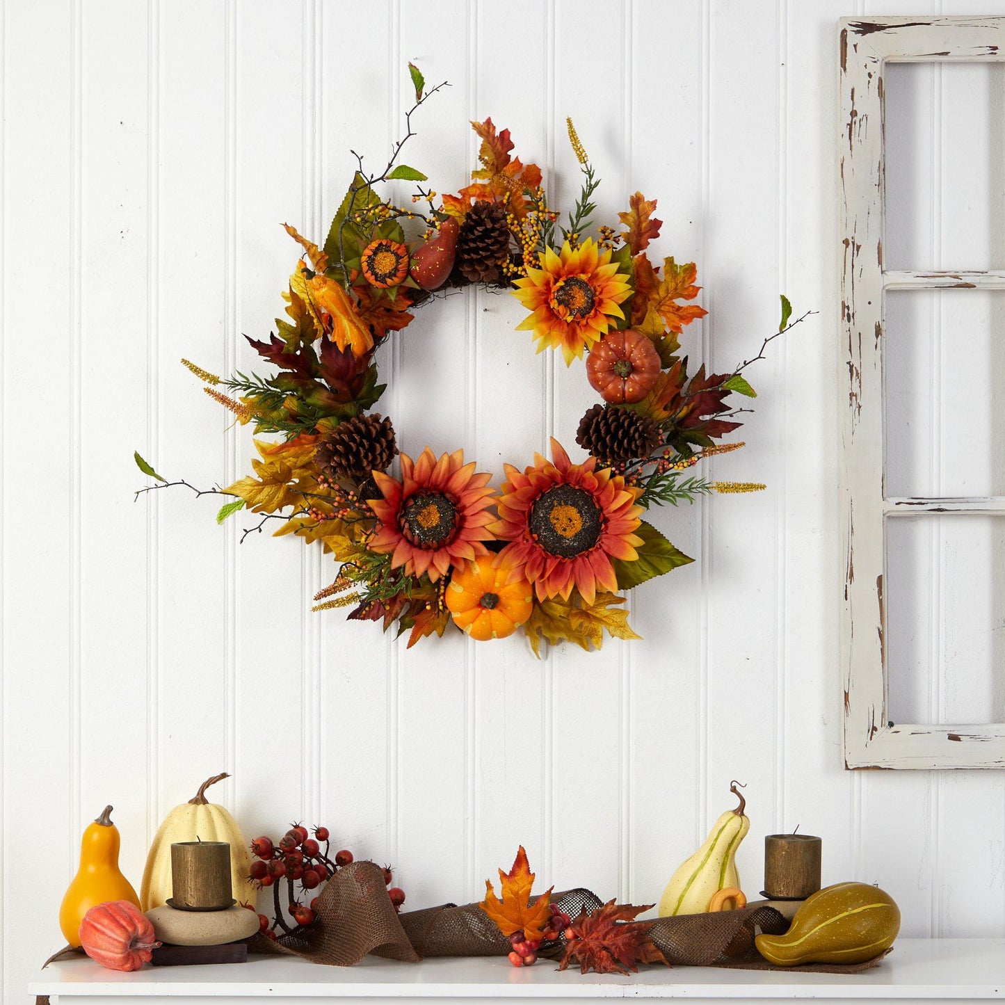 24” Fall Sunflower, Pumpkin, Gourds, Pinecone and Berries Autumn Artificial Wreath - TheBOX