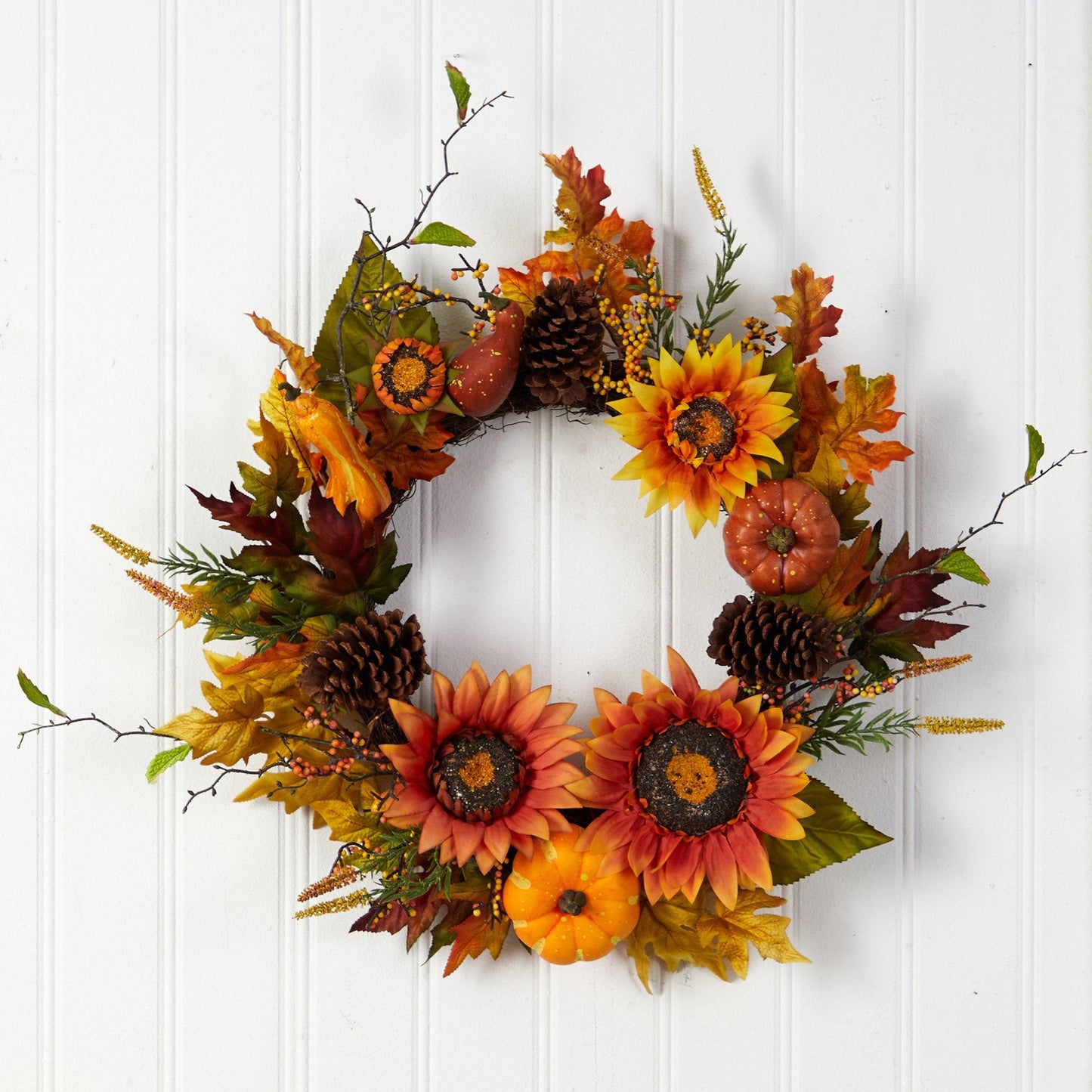 24” Fall Sunflower, Pumpkin, Gourds, Pinecone and Berries Autumn Artificial Wreath - TheBOX