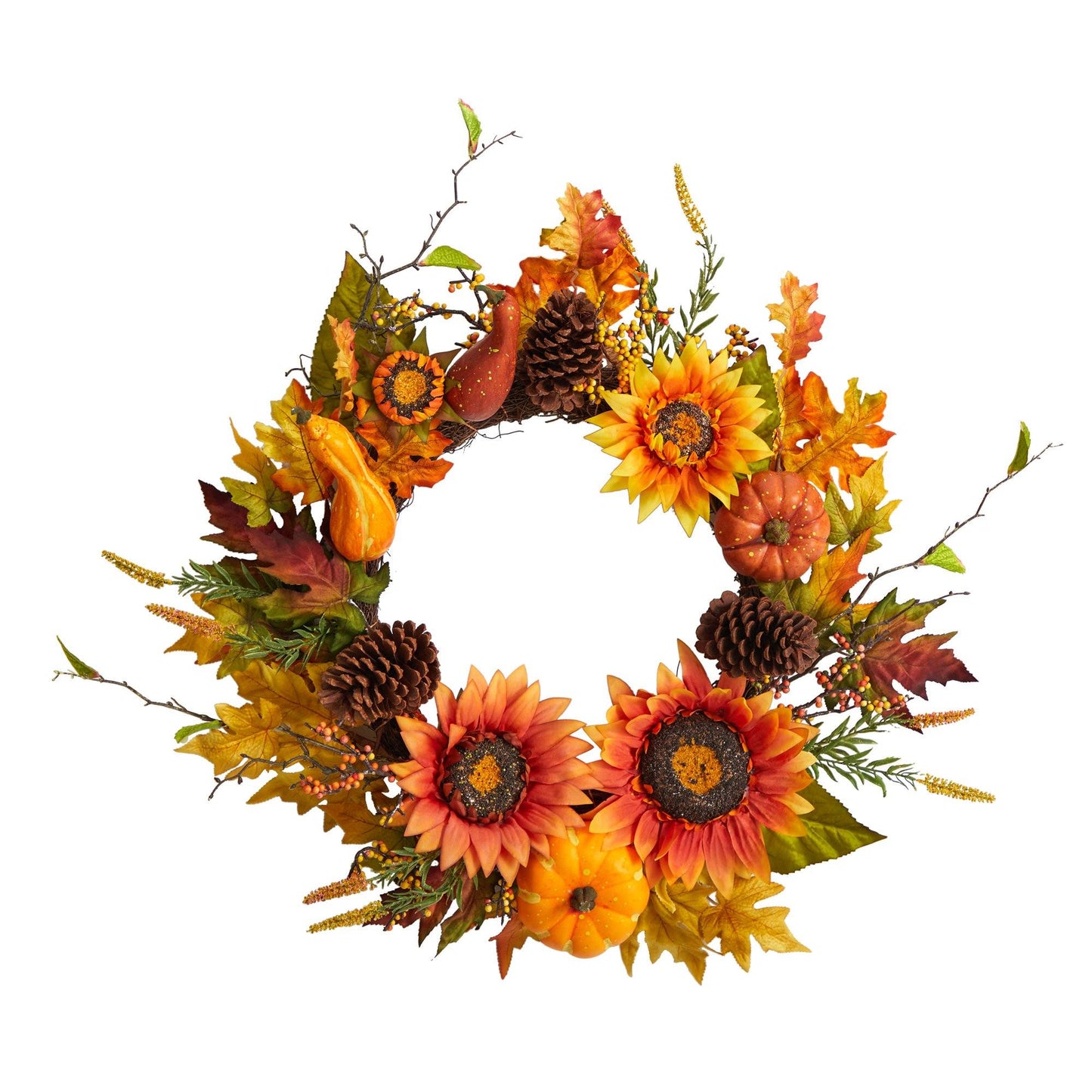 24” Fall Sunflower, Pumpkin, Gourds, Pinecone and Berries Autumn Artificial Wreath - TheBOX