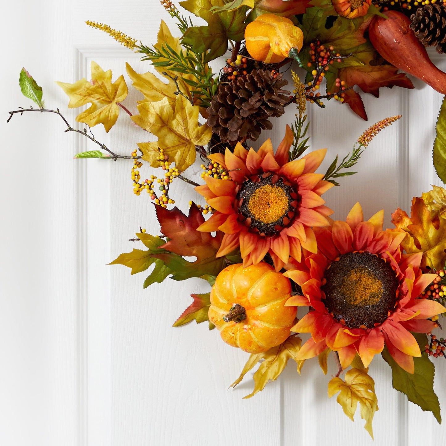 24” Fall Sunflower, Pumpkin, Gourds, Pinecone and Berries Autumn Artificial Wreath - TheBOX