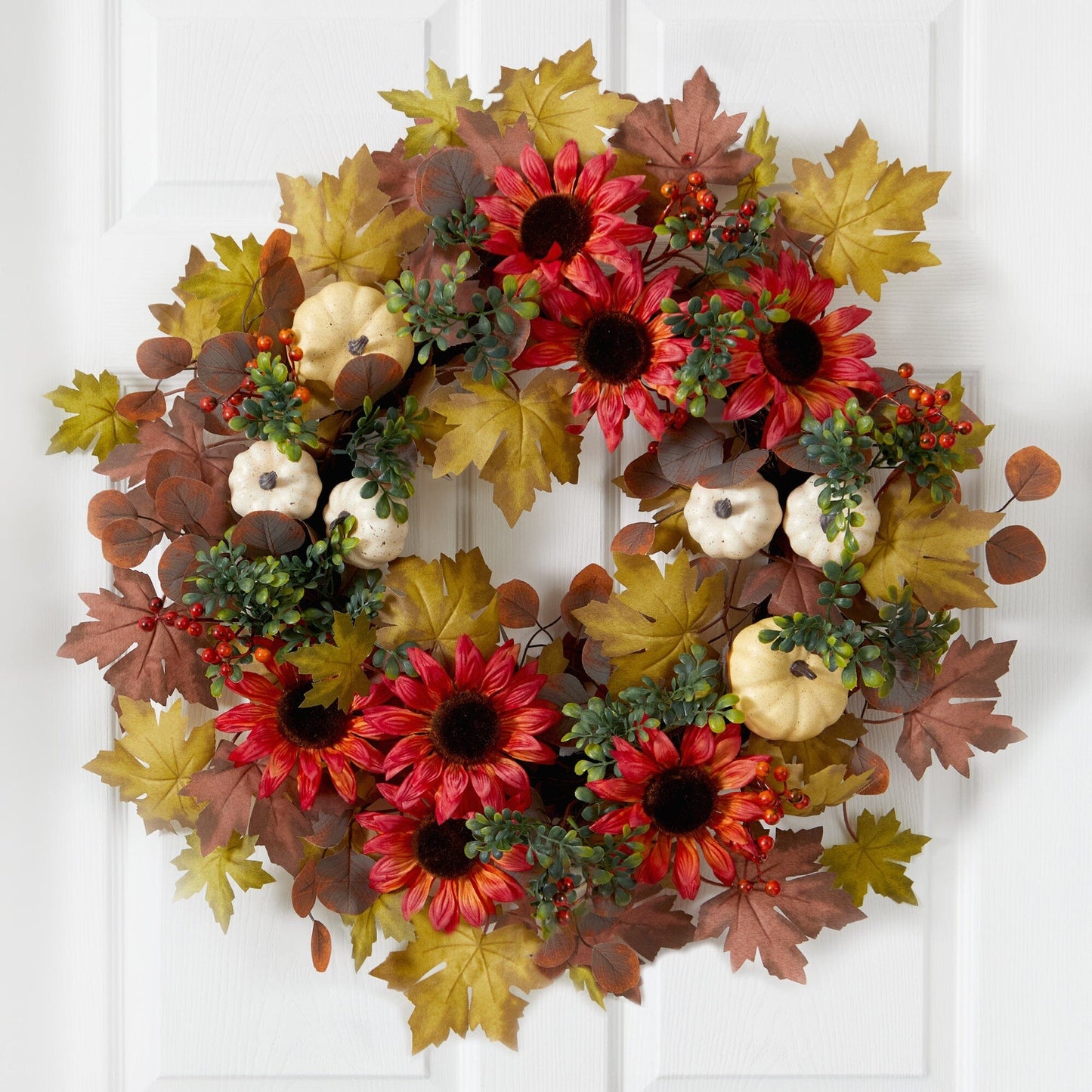 30” Artificial Fall Acorn, Sunflower, Berries and Autumn Foliage Wreath - TheBOX