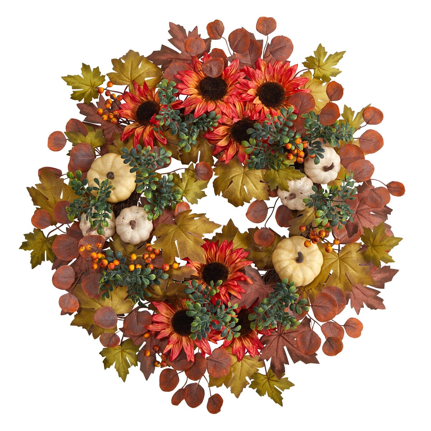 30” Artificial Fall Acorn, Sunflower, Berries and Autumn Foliage Wreath - TheBOX