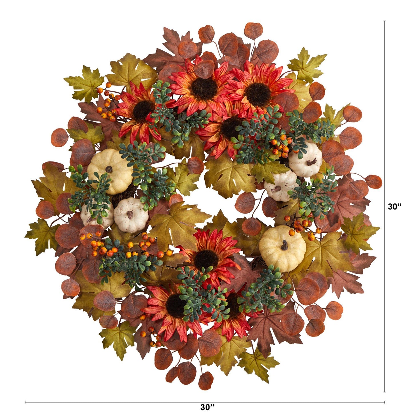 30” Artificial Fall Acorn, Sunflower, Berries and Autumn Foliage Wreath - TheBOX