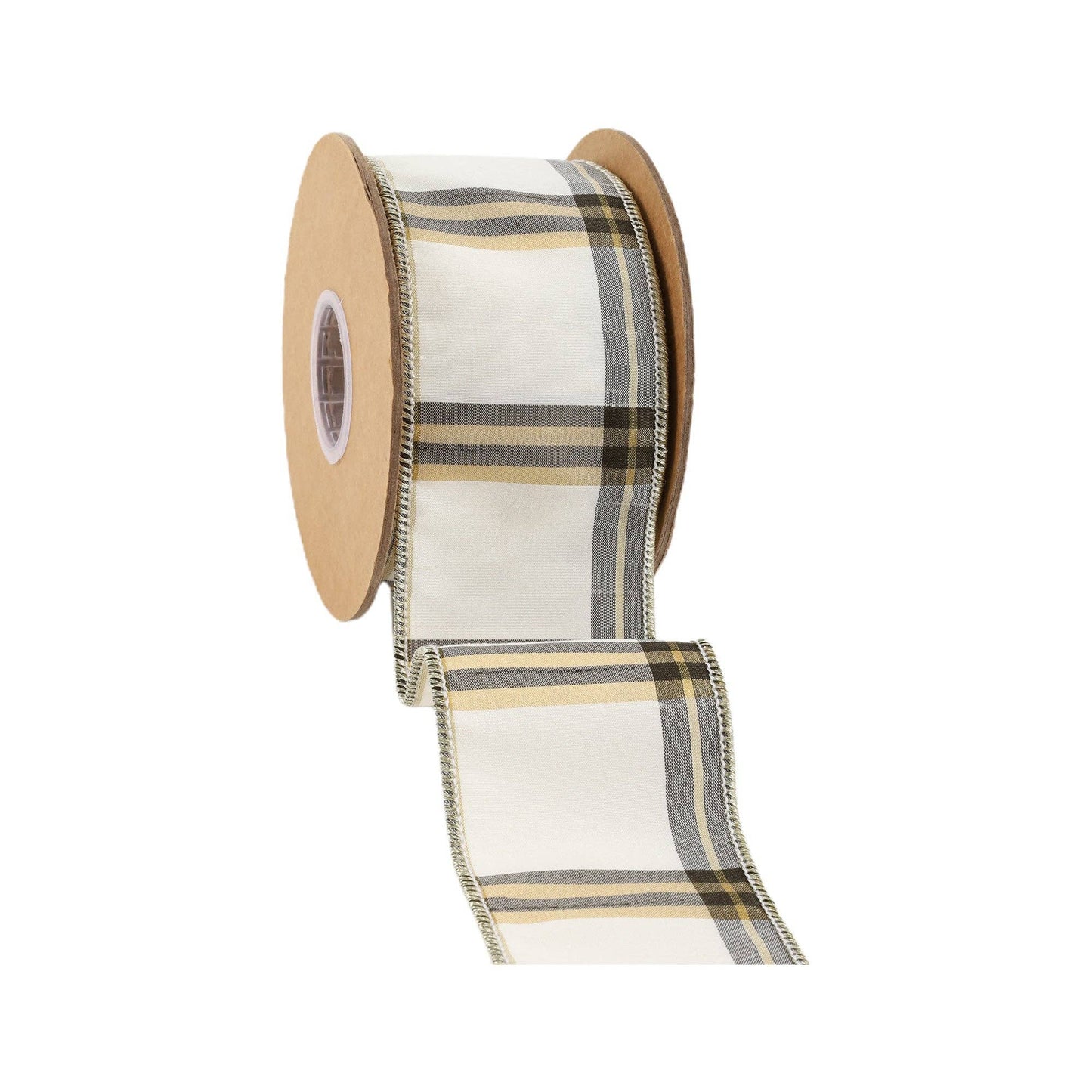 2 1/2" Wired Ribbon | Ivory/Black/Gold Plaid | 10 Yard Roll - TheBOX