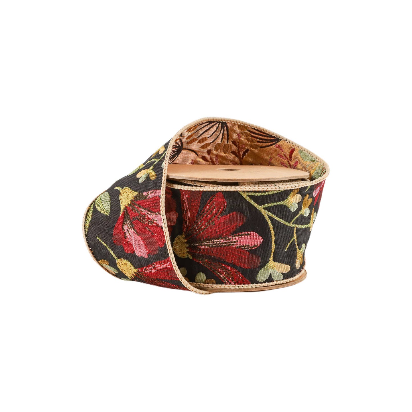 2 1/2" Reversible Floral Tapestry Wired Ribbon | Forest Pale Gold/Black | 5 Yard Roll - TheBOX