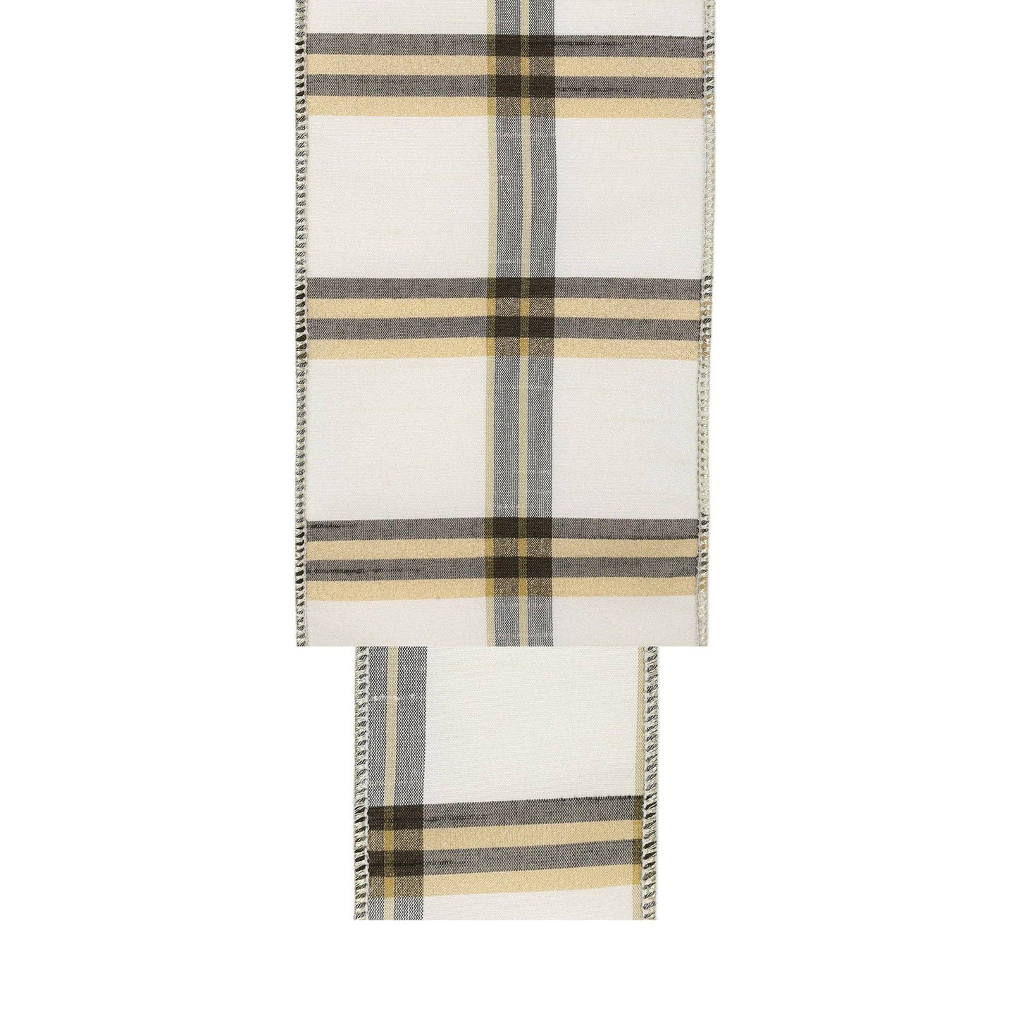 2 1/2" Wired Ribbon | Ivory/Black/Gold Plaid | 10 Yard Roll - TheBOX
