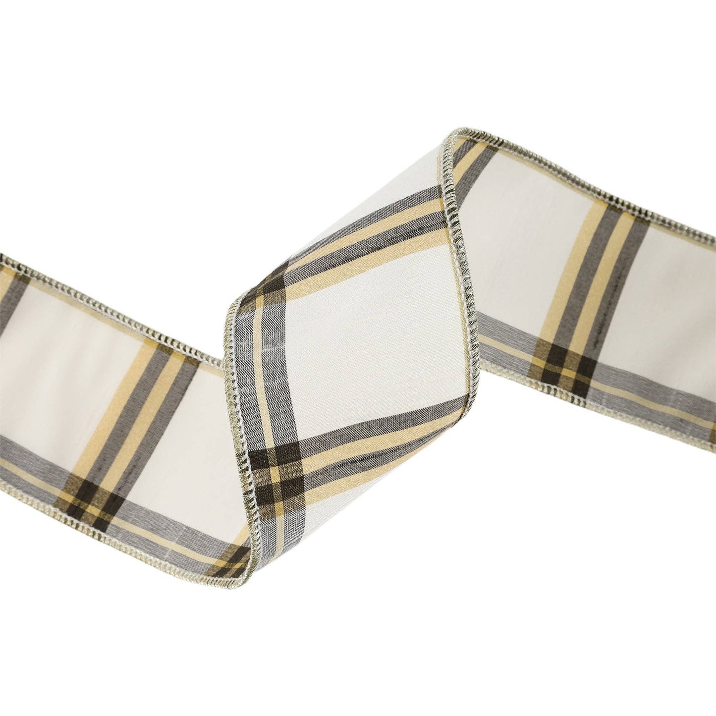 2 1/2" Wired Ribbon | Ivory/Black/Gold Plaid | 10 Yard Roll - TheBOX