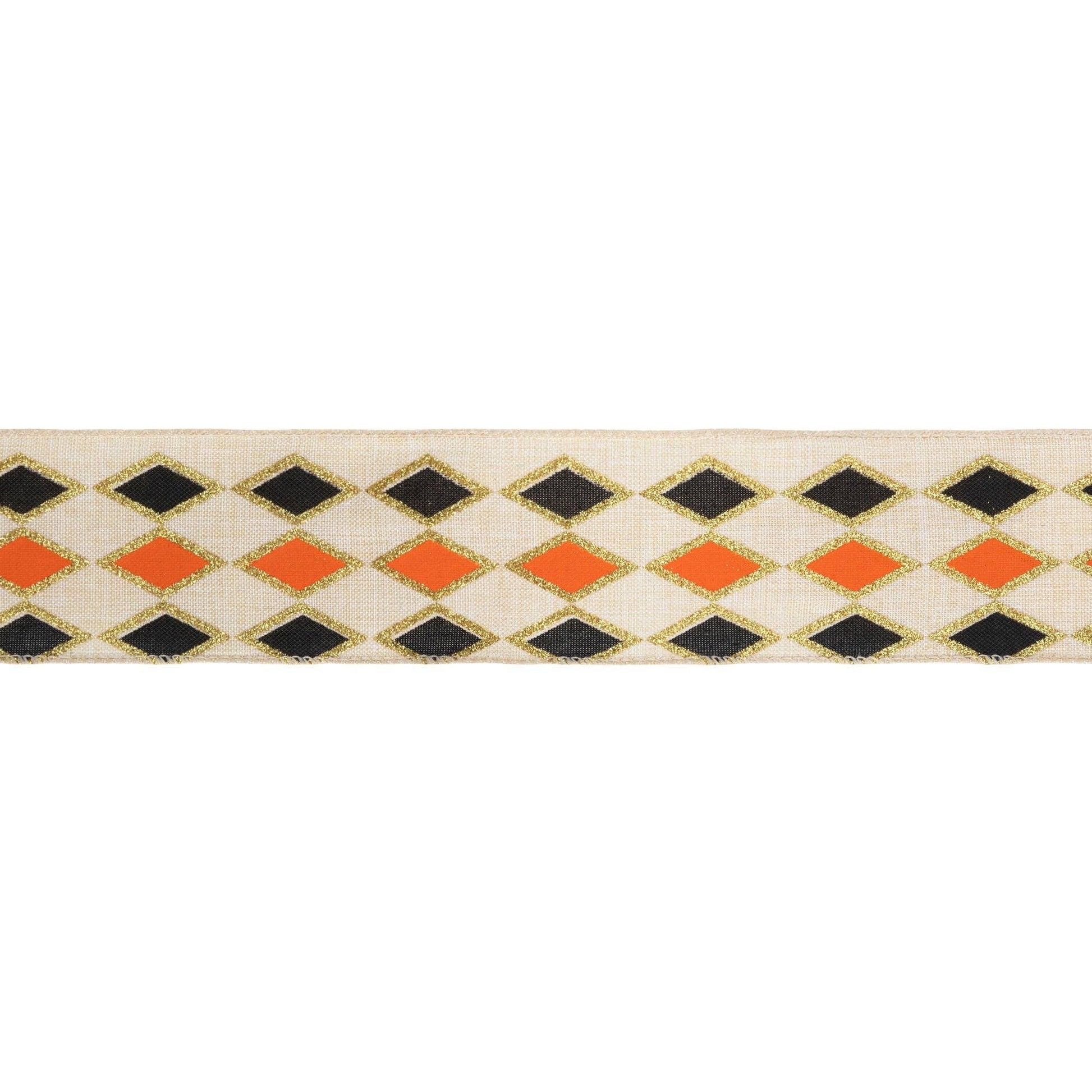 2 1/2" Wired Ribbon | Black and Orange Diamond with Gold Glitter Pattern | 10 Yard Spool - TheBOX