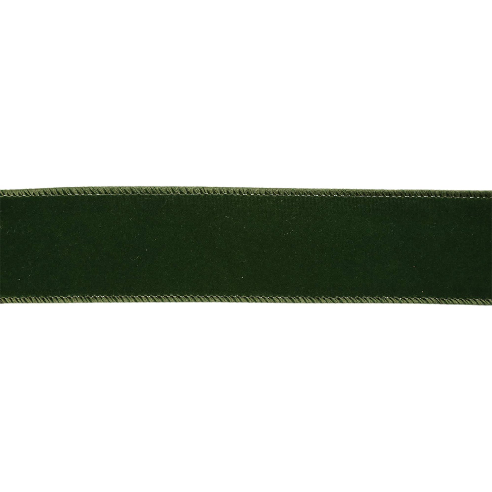 Close-up view of 1 1/2" Wired Velvet Spruce Ribbon highlighting its rich color and soft velvet feel.