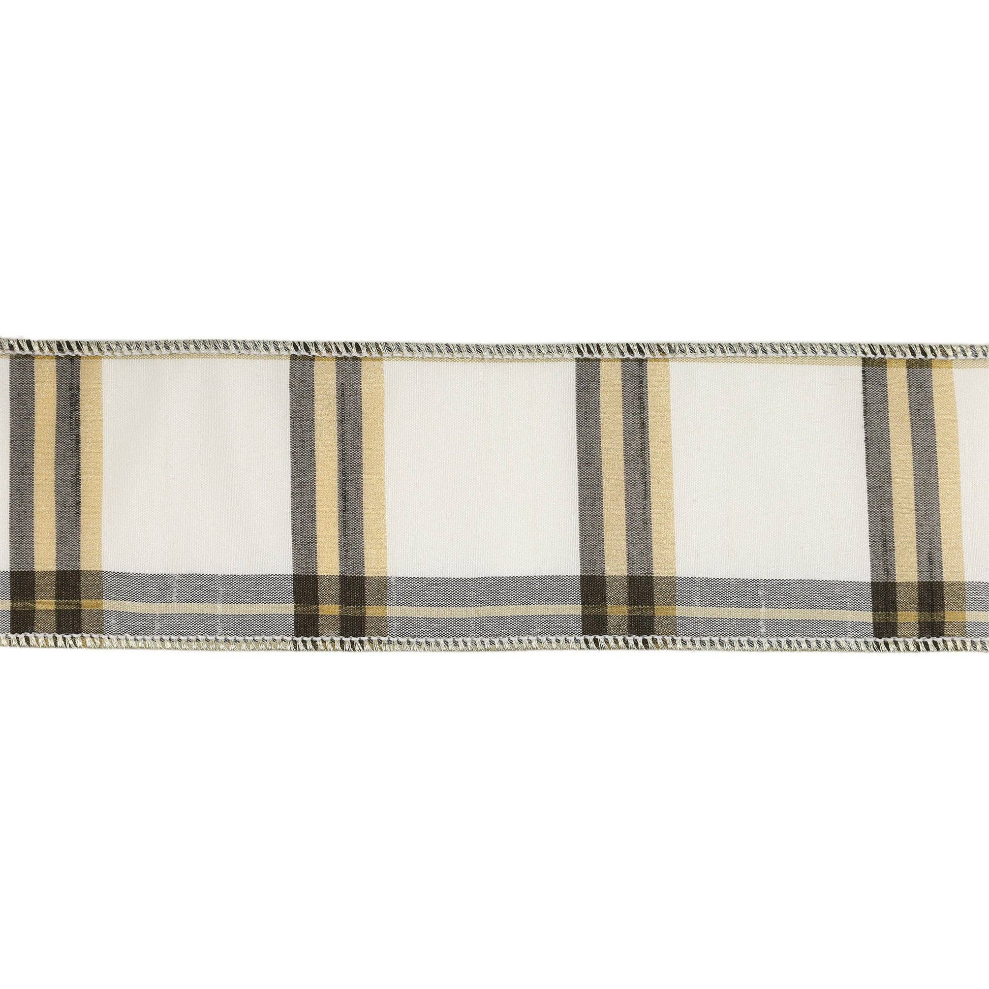 2 1/2" Wired Ribbon | Ivory/Black/Gold Plaid | 10 Yard Roll - TheBOX