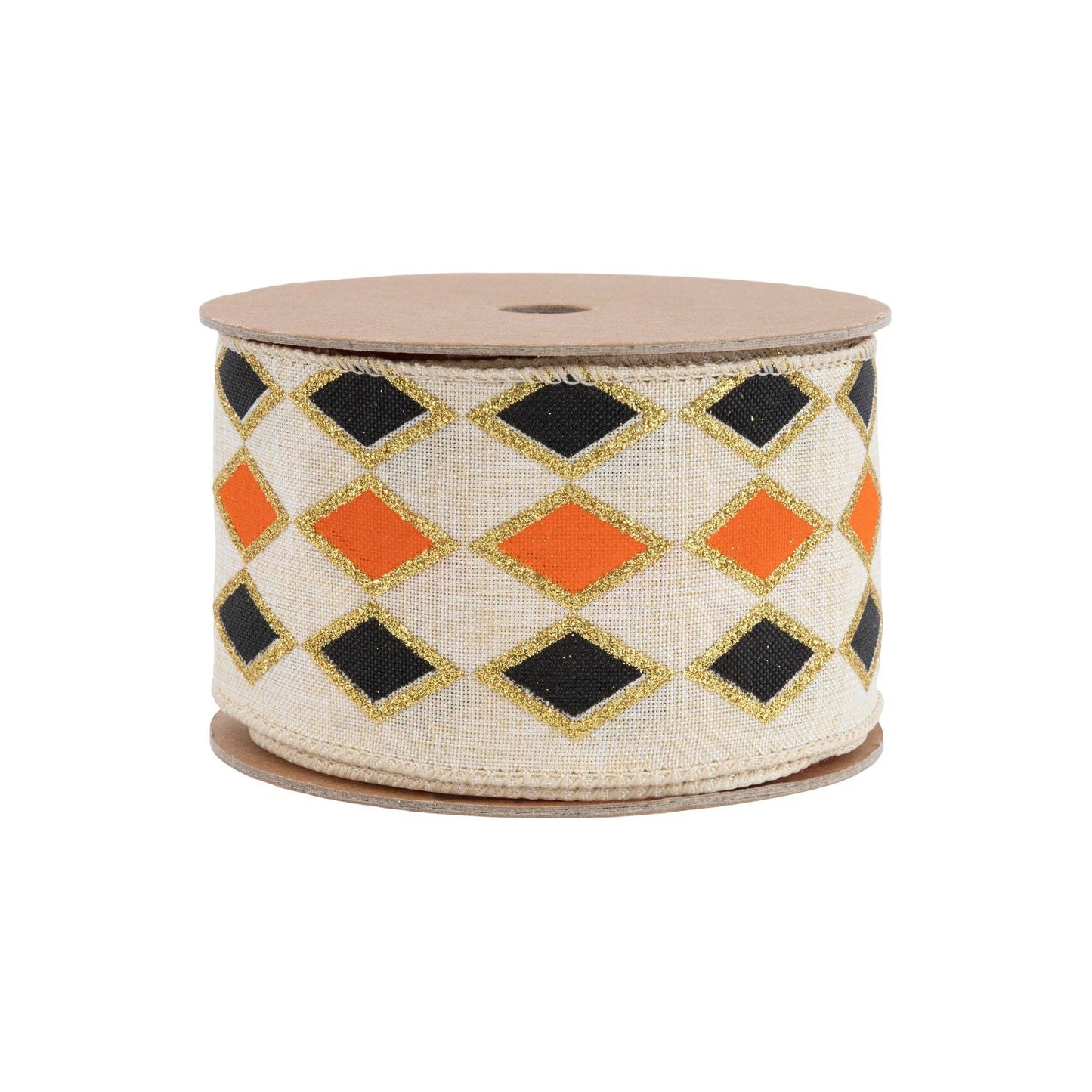 2 1/2" Wired Ribbon | Black and Orange Diamond with Gold Glitter Pattern | 10 Yard Spool - TheBOX