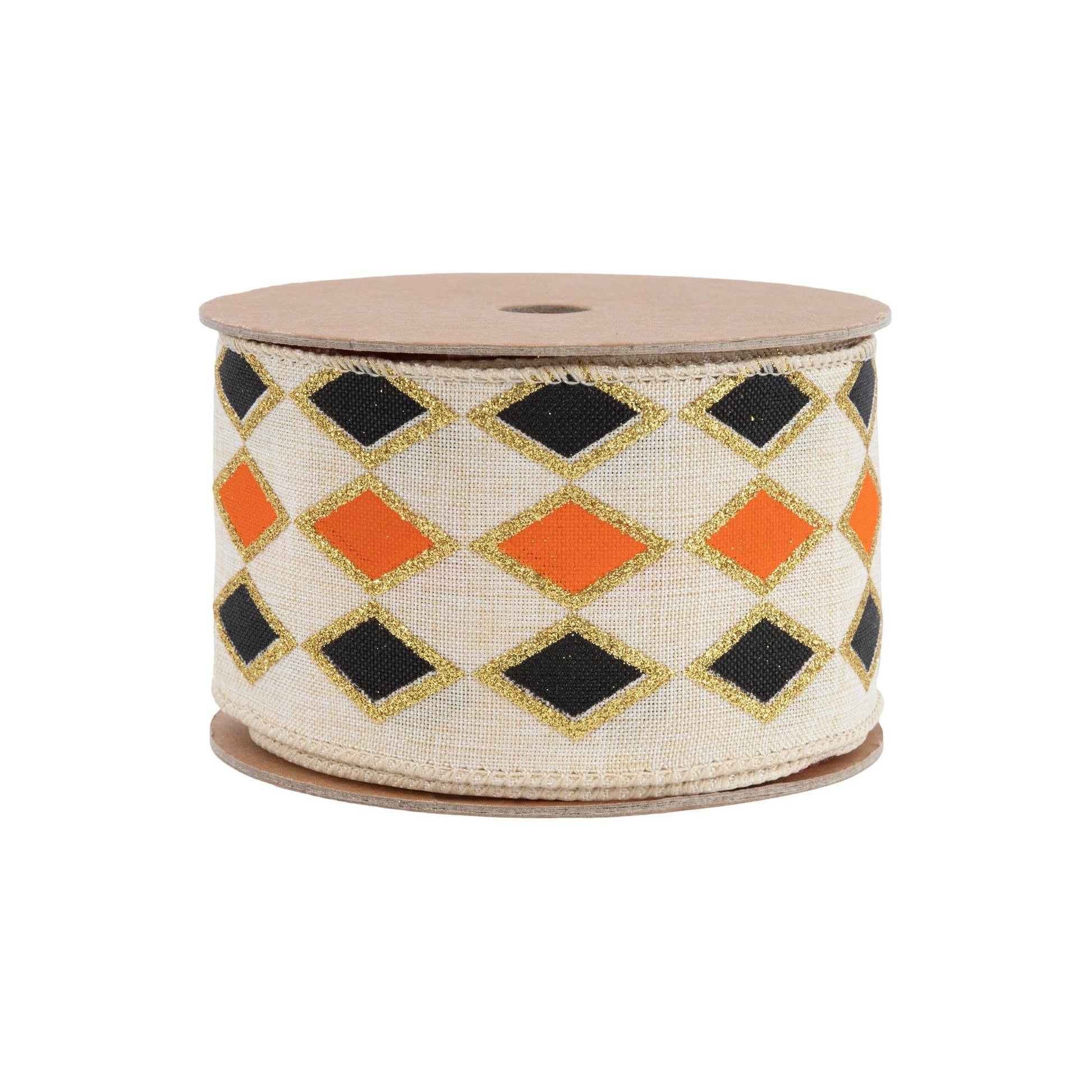 2 1/2" Wired Ribbon | Black and Orange Diamond with Gold Glitter Pattern | 10 Yard Spool - TheBOX