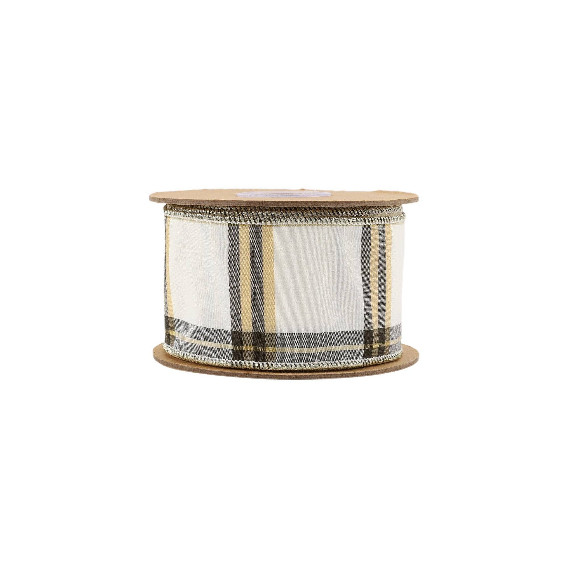 2 1/2" Wired Ribbon | Ivory/Black/Gold Plaid | 10 Yard Roll - TheBOX