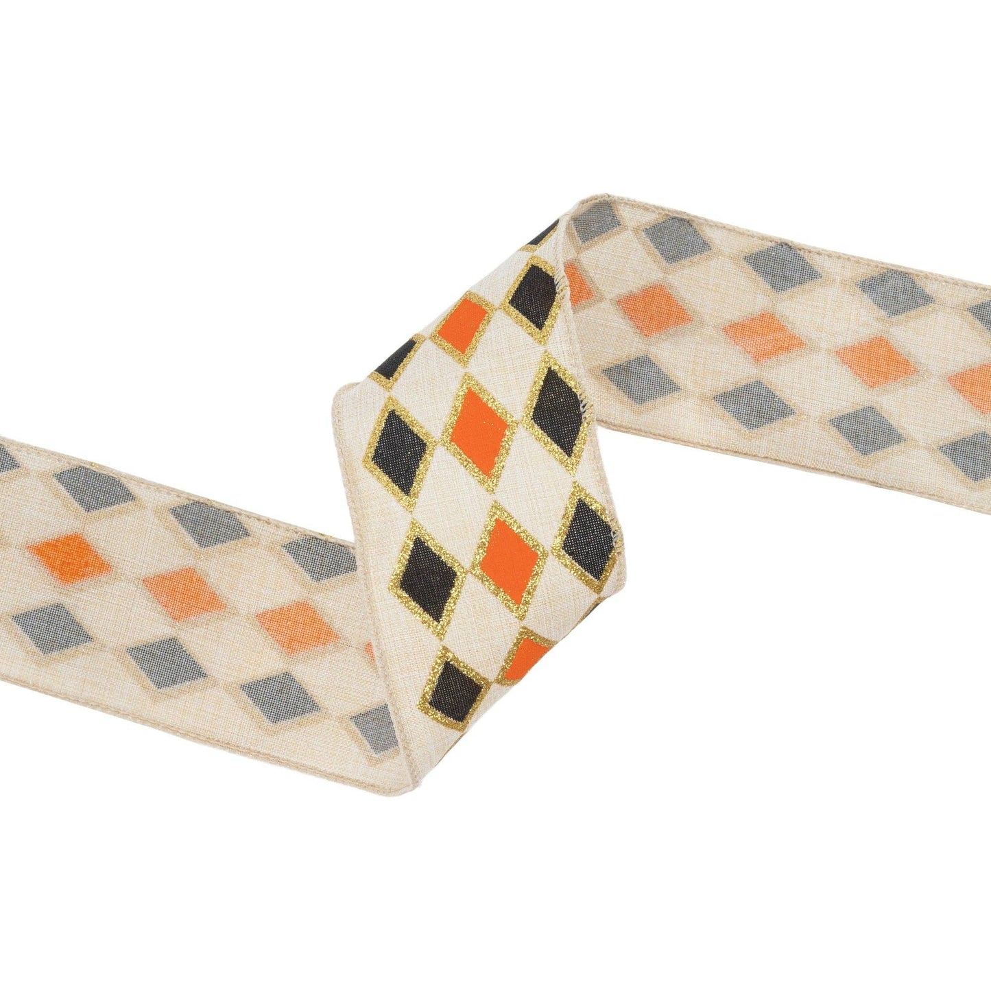 2 1/2" Wired Ribbon | Black and Orange Diamond with Gold Glitter Pattern | 10 Yard Spool - TheBOX