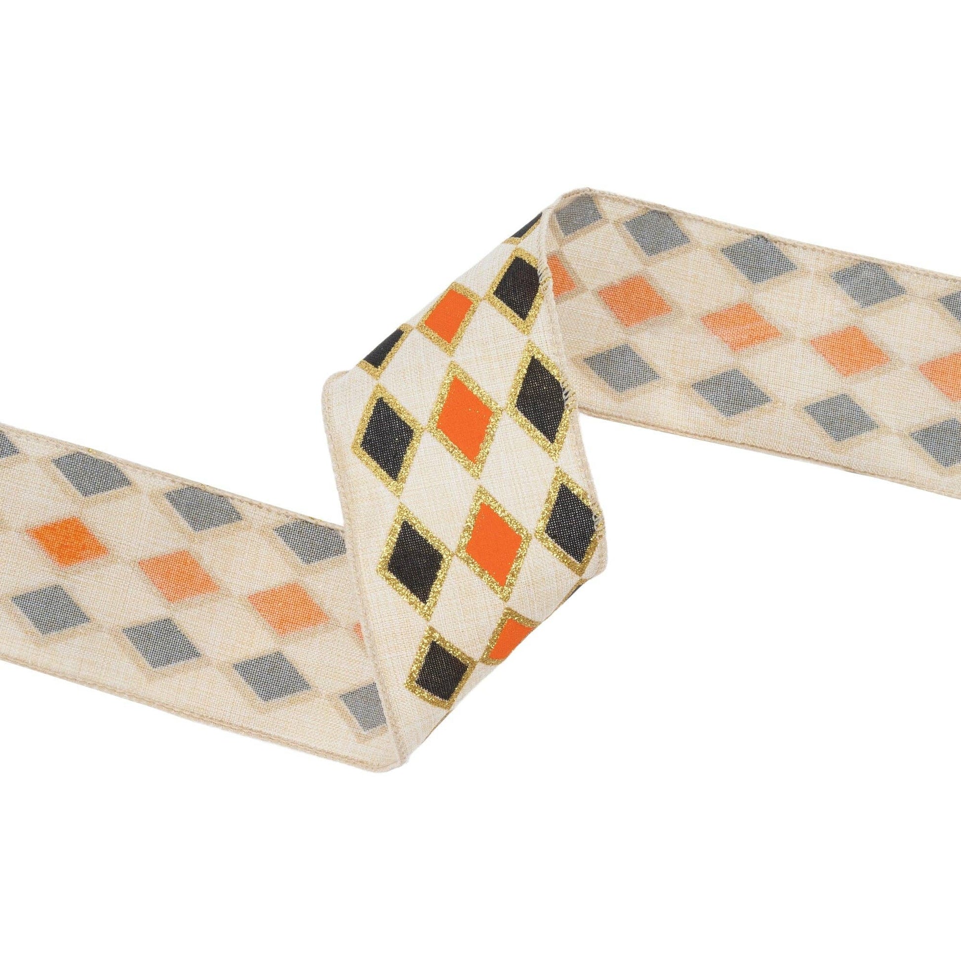 2 1/2" Wired Ribbon | Black and Orange Diamond with Gold Glitter Pattern | 10 Yard Spool - TheBOX