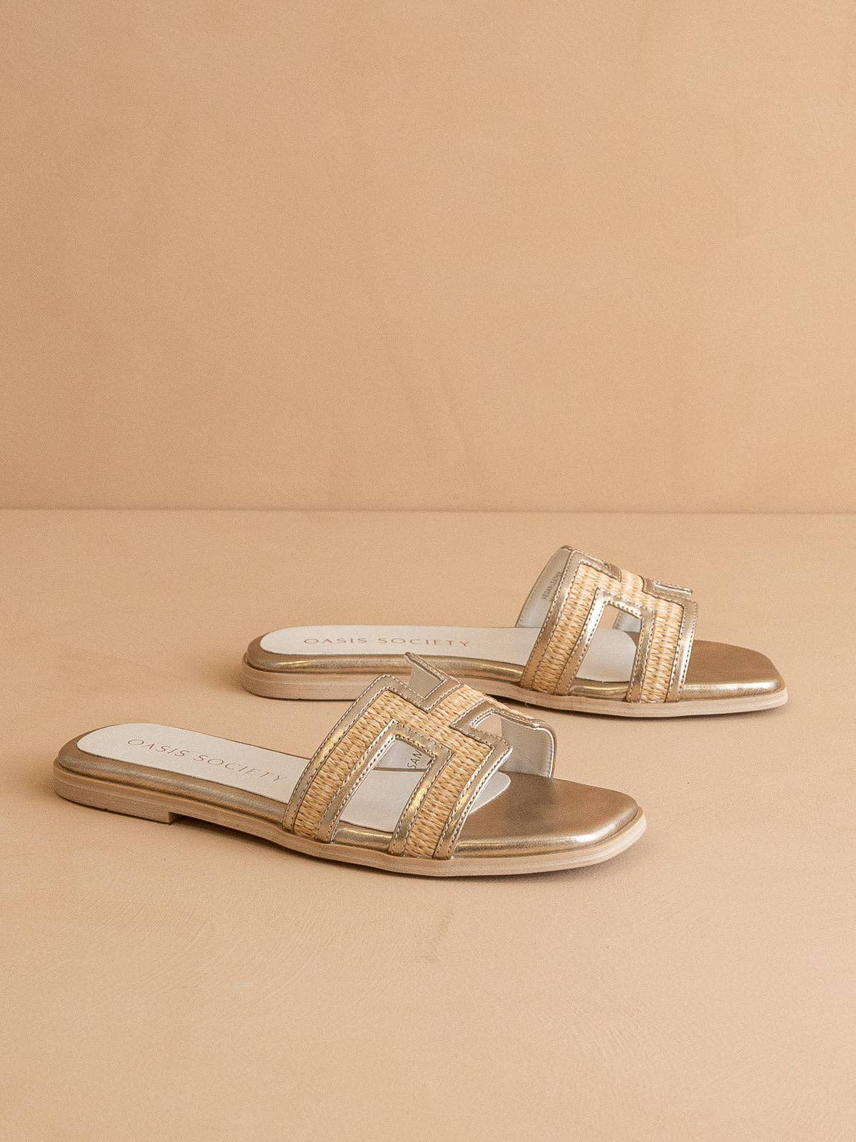 The Riviera Metallic Raffia Slide Sandals - TheBOX