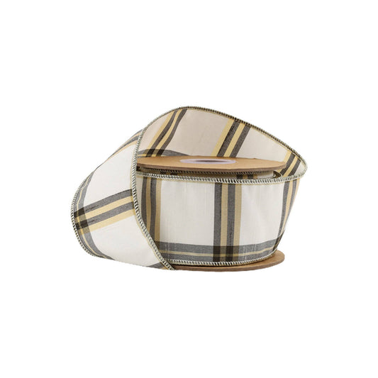2 1/2" Wired Ribbon | Ivory/Black/Gold Plaid | 10 Yard Roll - TheBOX