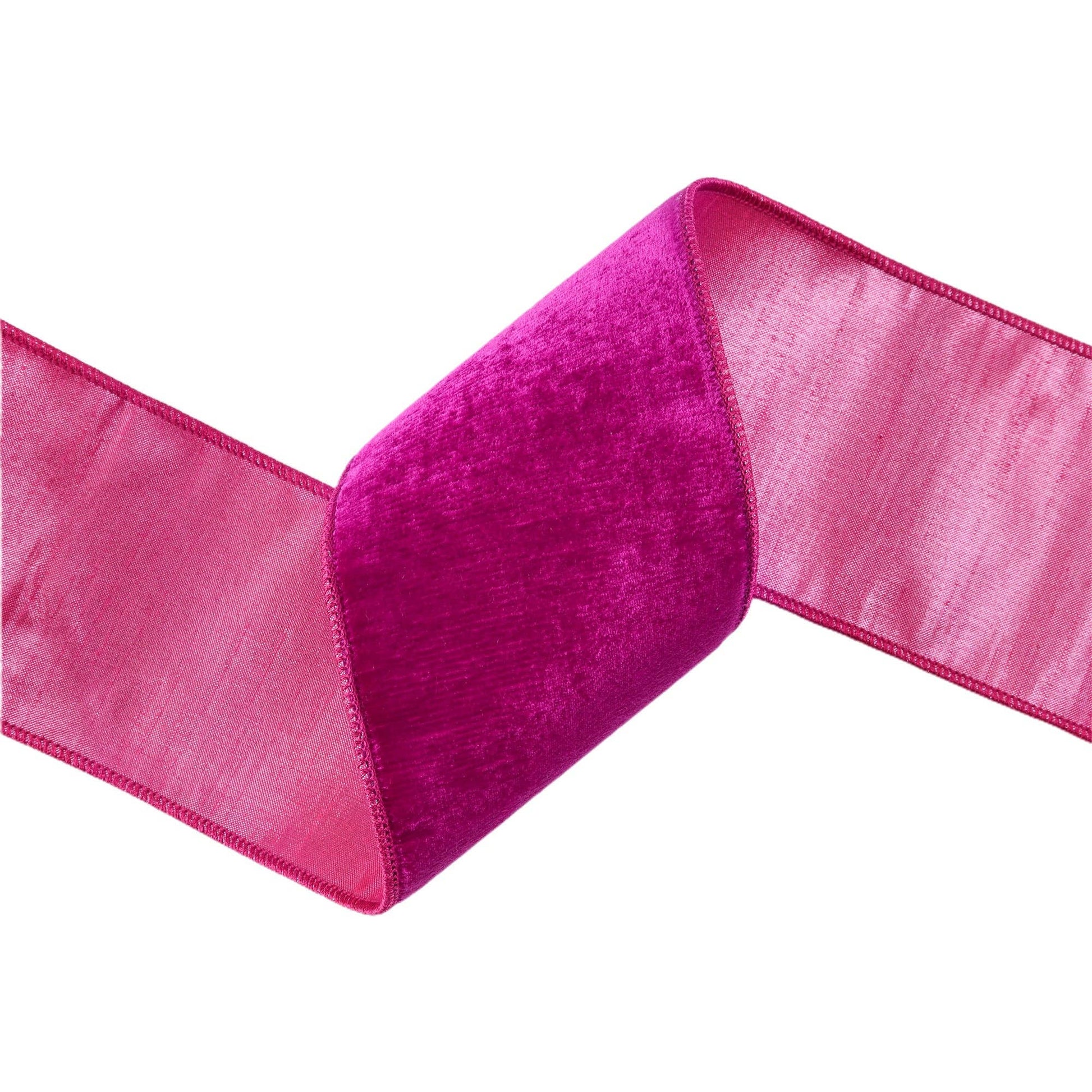 4" Wired Premium Velvet Ribbon | Hot Pink w/ Pink Dupioni Backing | 5 Yard Roll - TheBOX