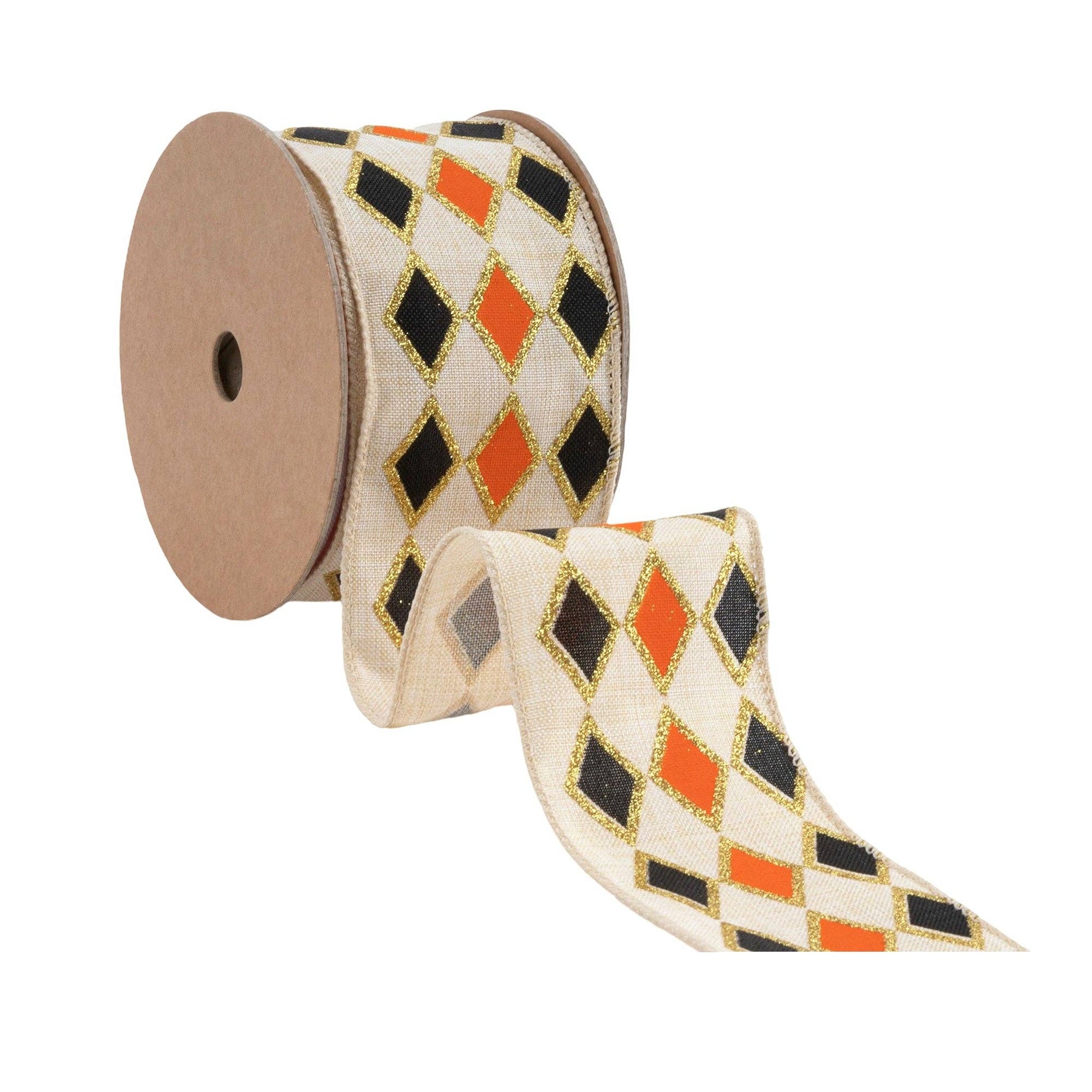 2 1/2" Wired Ribbon | Black and Orange Diamond with Gold Glitter Pattern | 10 Yard Spool - TheBOX