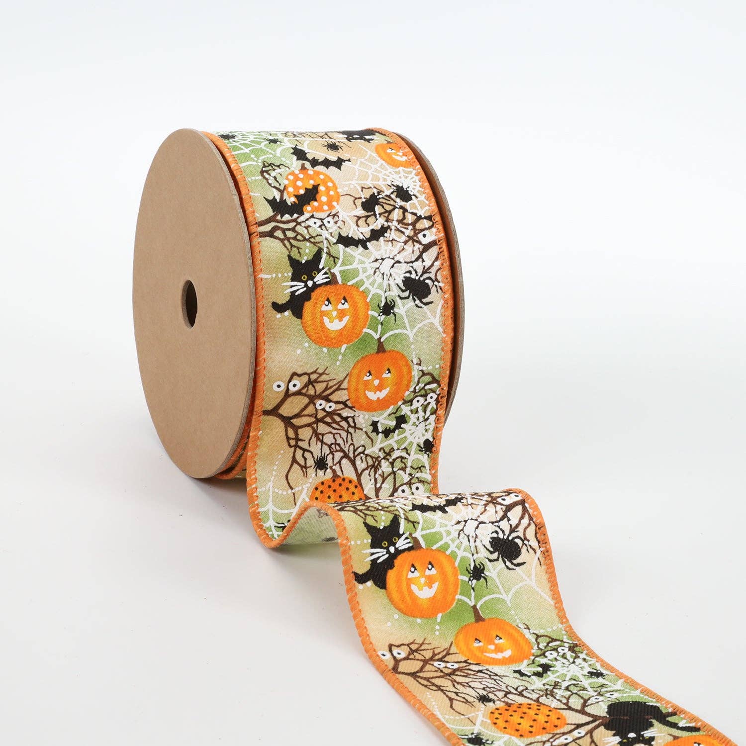 2 1/2" Halloween Wired Ribbon | "Pumpkin Spiderweb" Orange/Multi | 10 Yard Roll - TheBOX
