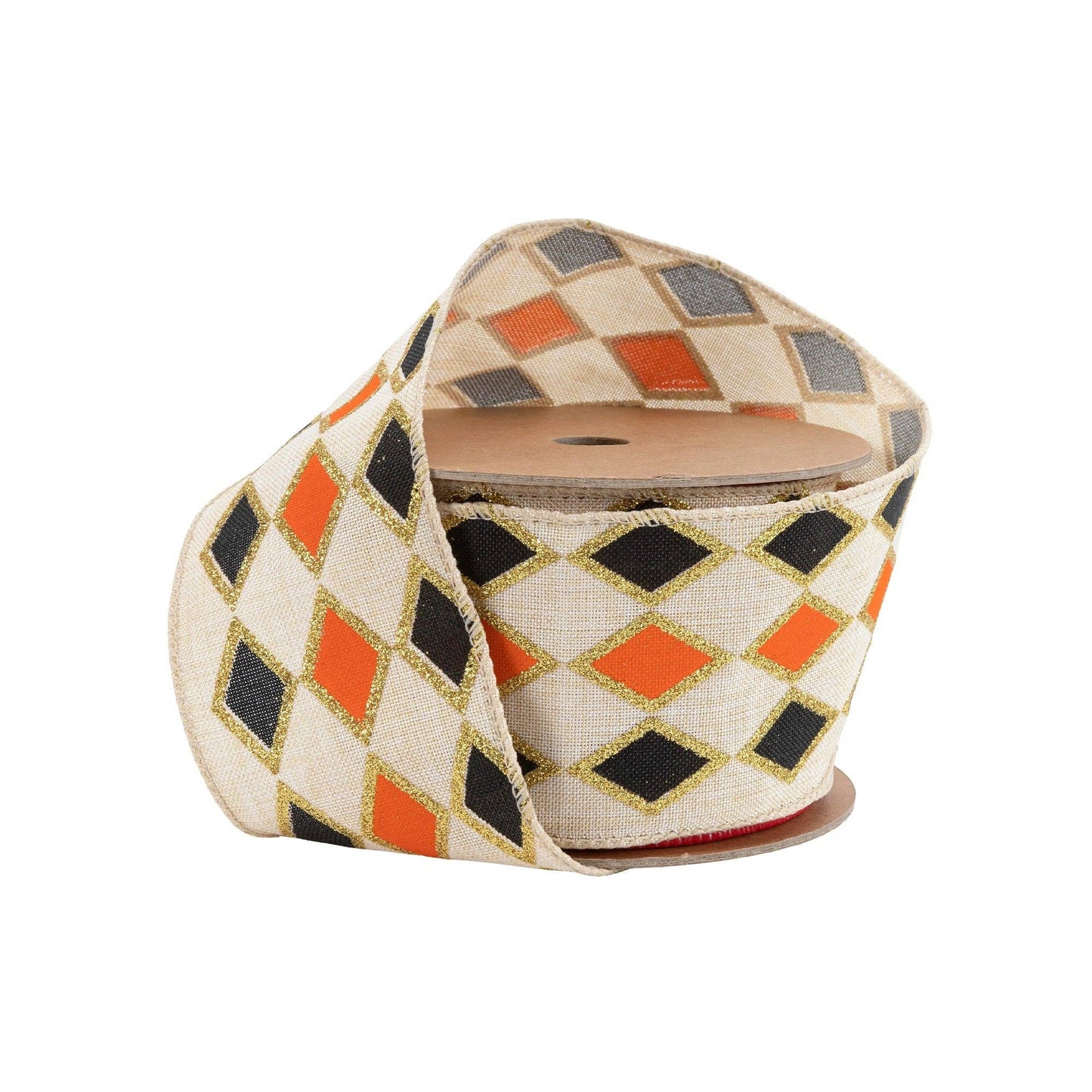 2 1/2" Wired Ribbon | Black and Orange Diamond with Gold Glitter Pattern | 10 Yard Spool - TheBOX