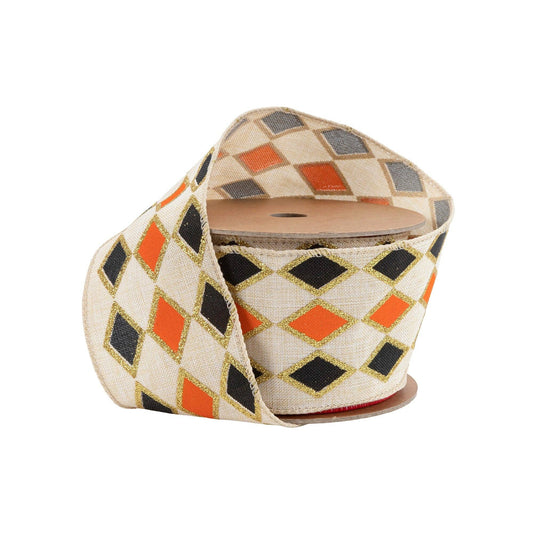2 1/2" Wired Ribbon | Black and Orange Diamond with Gold Glitter Pattern | 10 Yard Spool - TheBOX