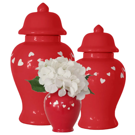 Red 'Love is in the Air' ginger jar showcasing its vibrant color and intricate design.