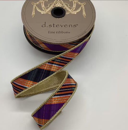 d.stevens  1" x 10yds dupion salem plaid bias cut, purple orange black white - TheBOX