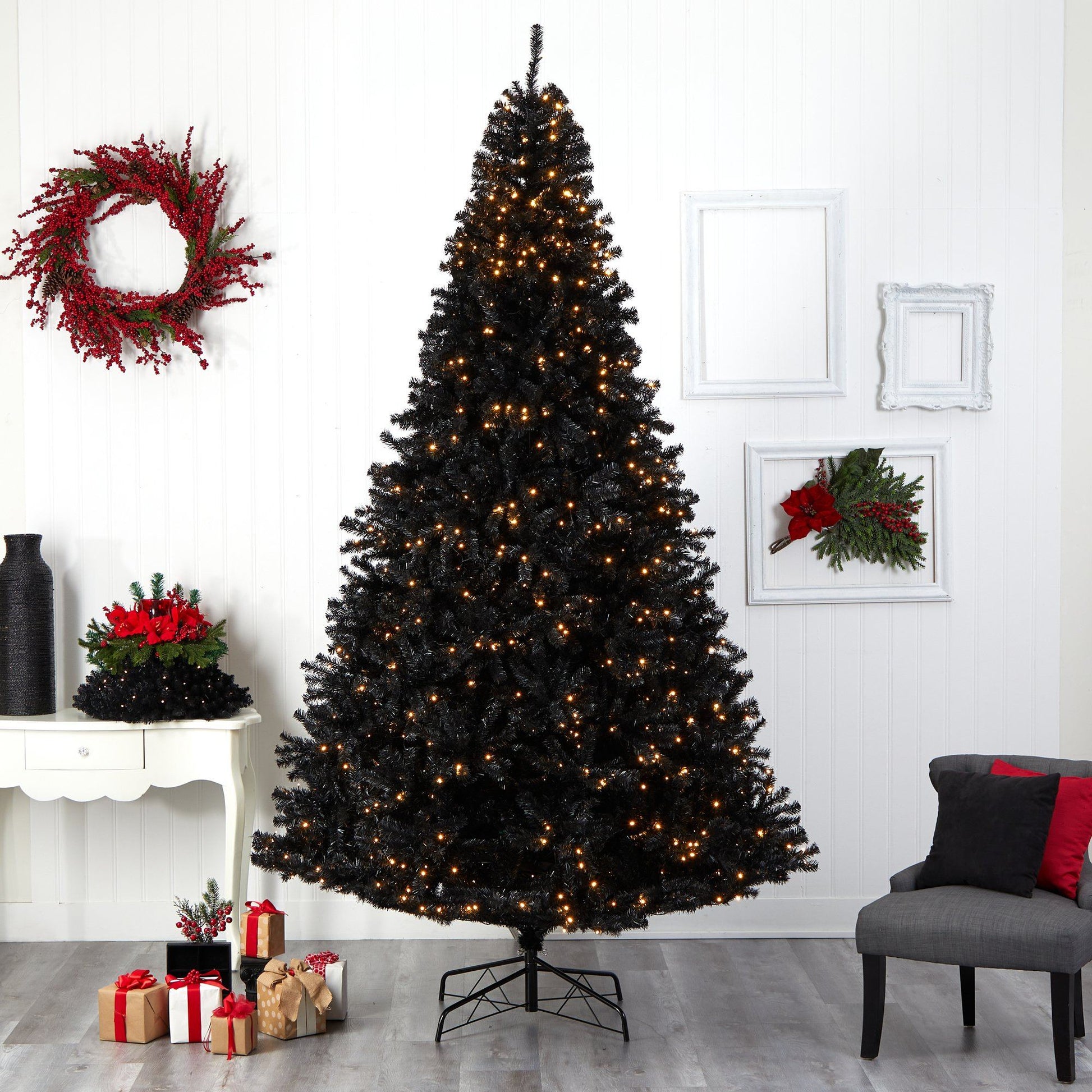 10’ Black Artificial Christmas Tree with 950 Clear LED Lights and 3056 Tips - TheBOX