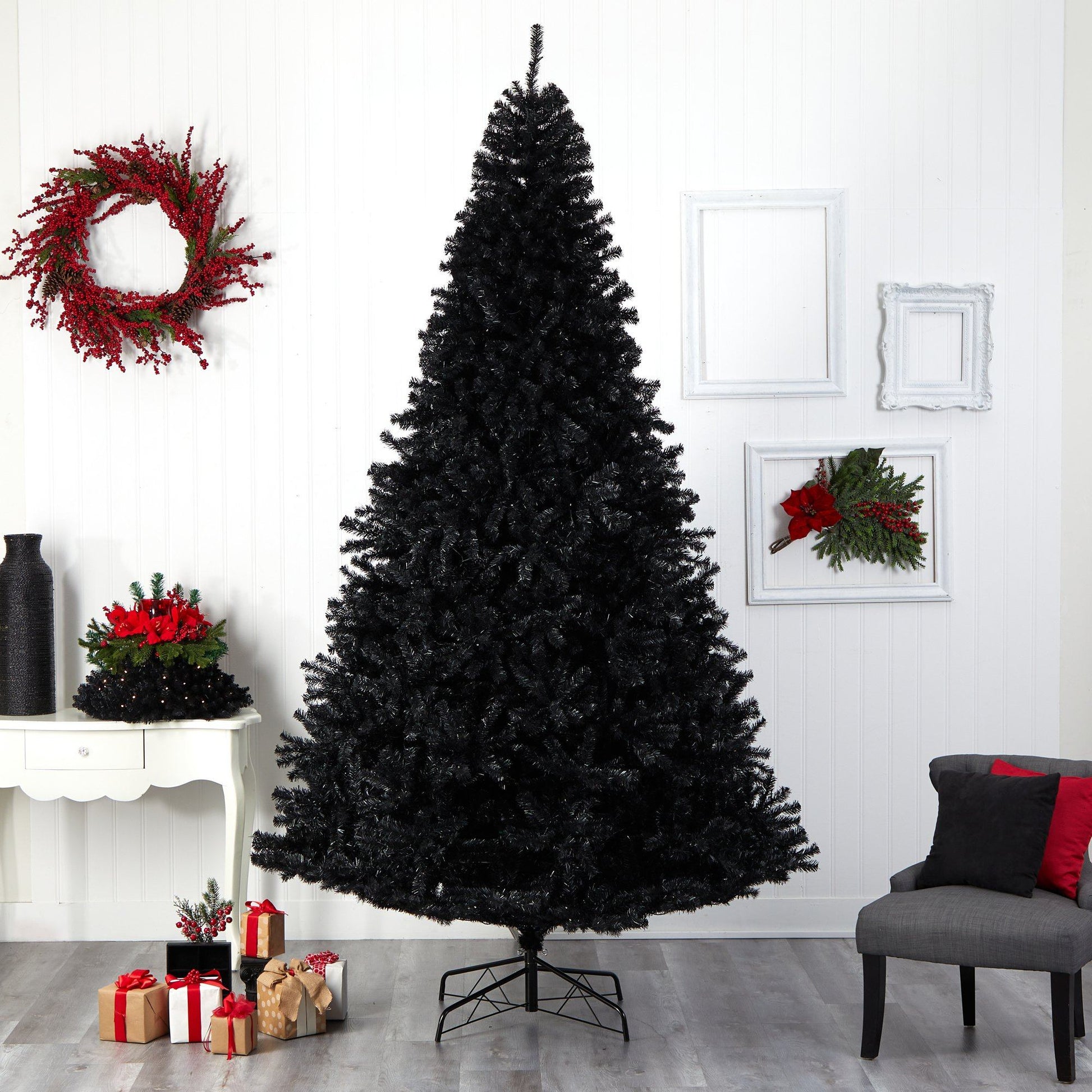 10’ Black Artificial Christmas Tree with 950 Clear LED Lights and 3056 Tips - TheBOX