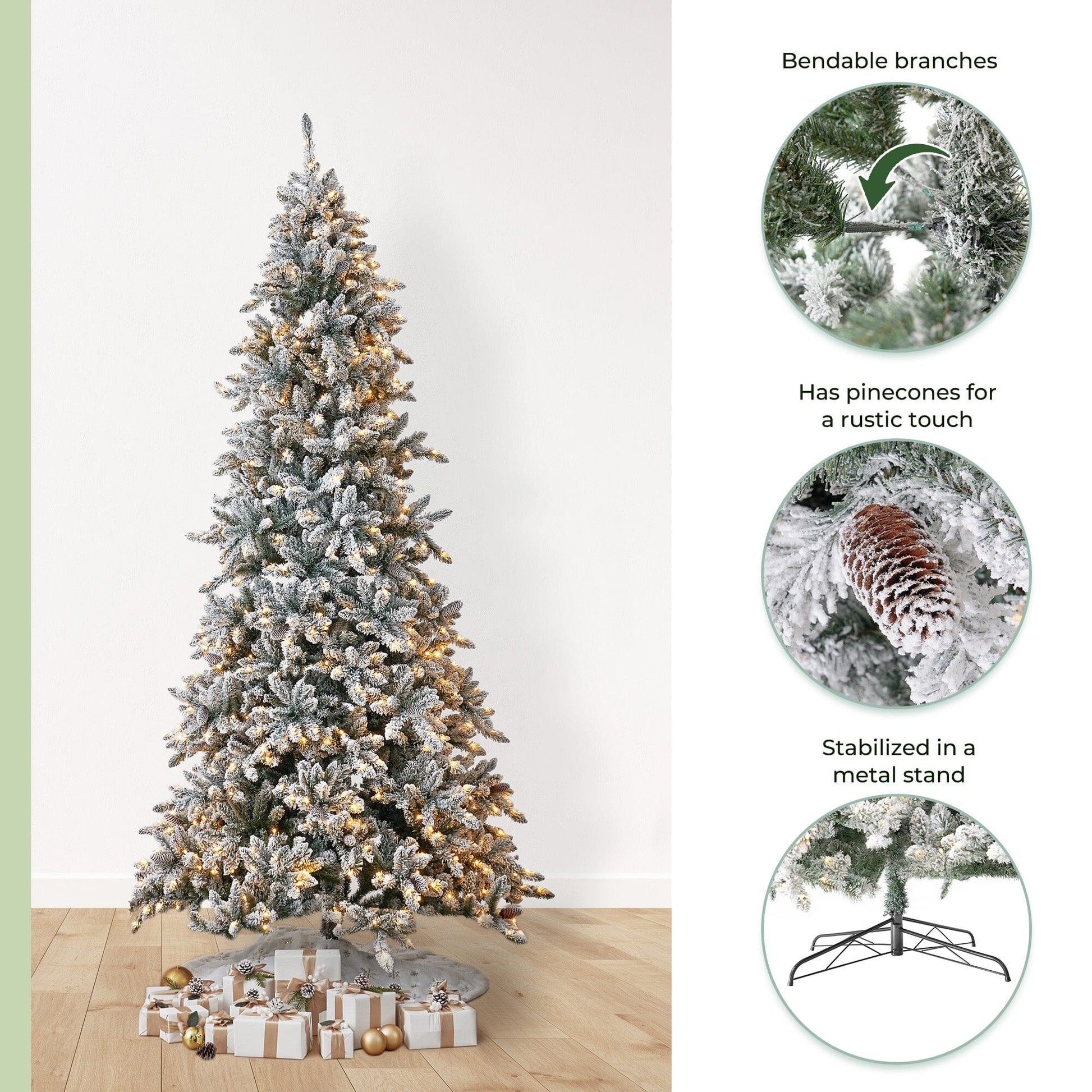 A winter wonderland scene featuring the 10’ Flocked Livingston Fir Artificial Christmas Tree adorned with warm LED lights.