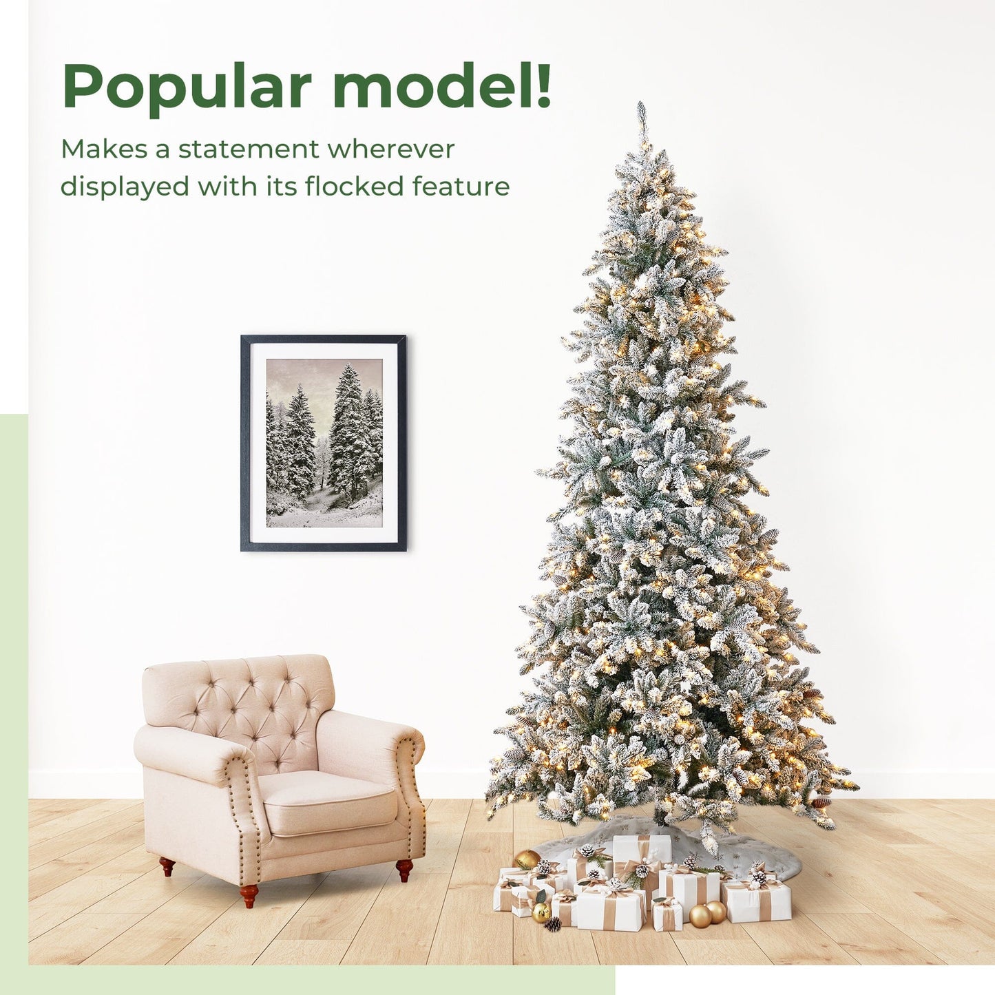 The 10’ Flocked Livingston Fir Artificial Christmas Tree beautifully illuminated at night with soft warm LED lights.