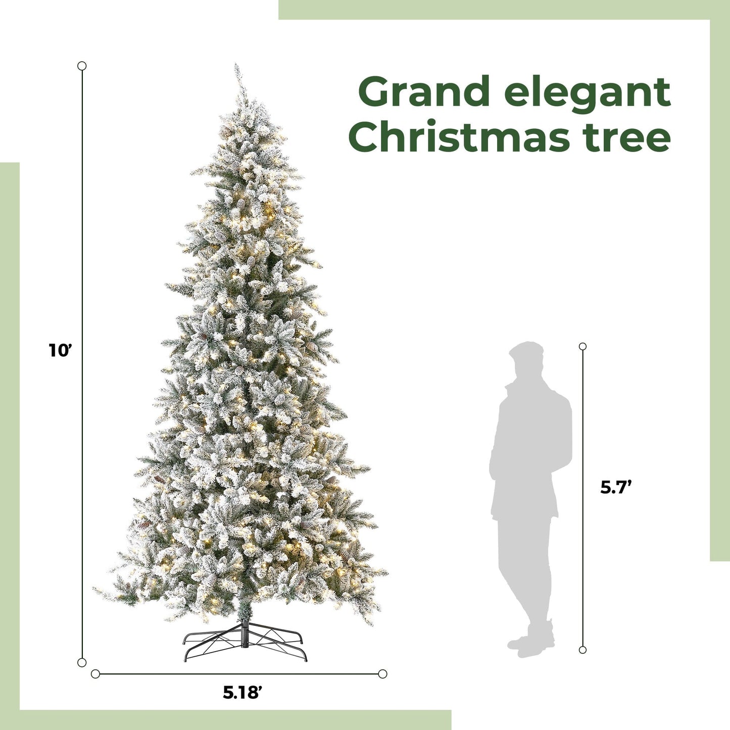 Side view of the 10’ Flocked Livingston Fir Artificial Christmas Tree displaying the intricate details of the faux snow on the branches.