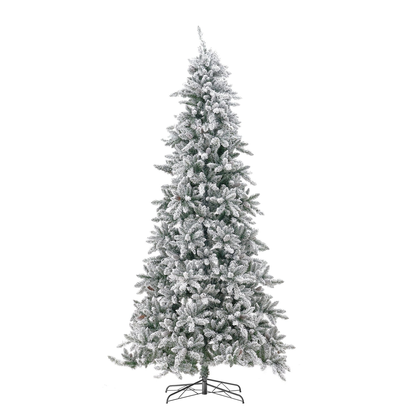 Close-up of the 10’ Flocked Livingston Fir Artificial Christmas Tree showcasing its realistic, flocked branches with pine cones.