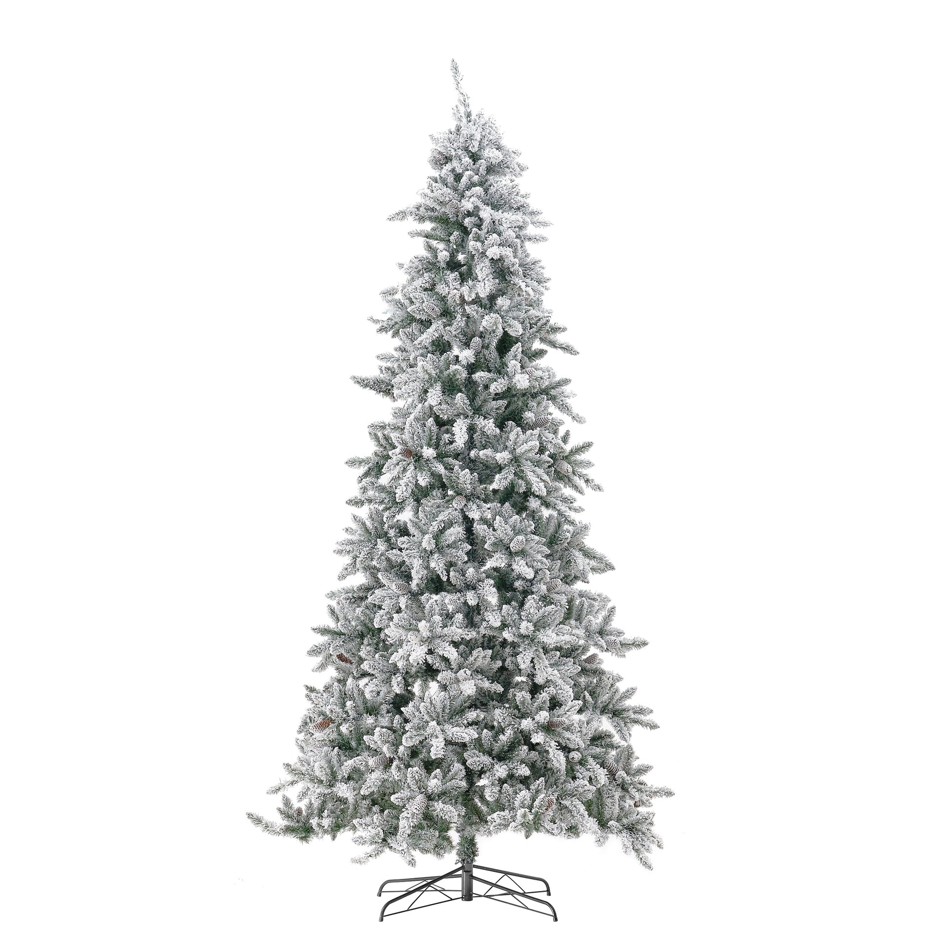 Close-up of the 10’ Flocked Livingston Fir Artificial Christmas Tree showcasing its realistic, flocked branches with pine cones.
