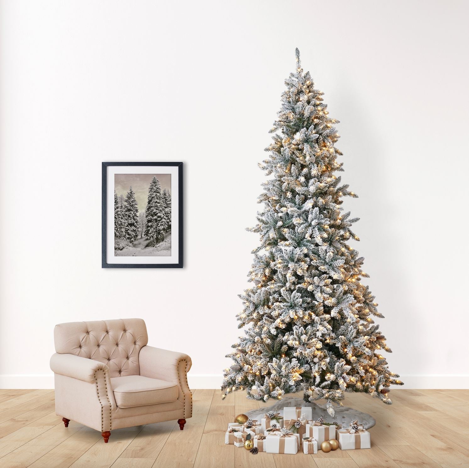 Detailed look at the branches of the 10’ Flocked Livingston Fir Artificial Christmas Tree, ideal for showcasing personal decorations.