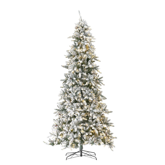 10’ Flocked Livingston Fir Artificial Christmas Tree with Pine Cones, beautifully lit with 750 warm LED lights.