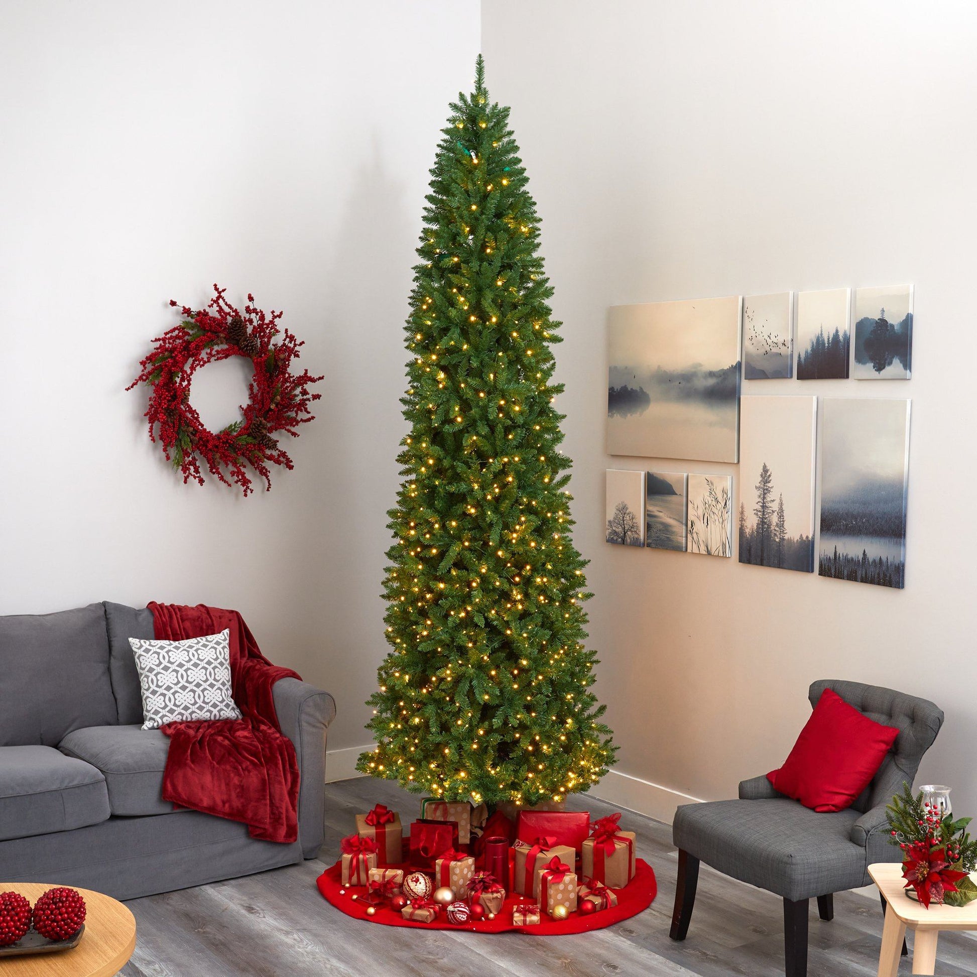 10’ Slim Green Mountain Pine Artificial Christmas Tree with 800 Clear LED Lights - TheBOX