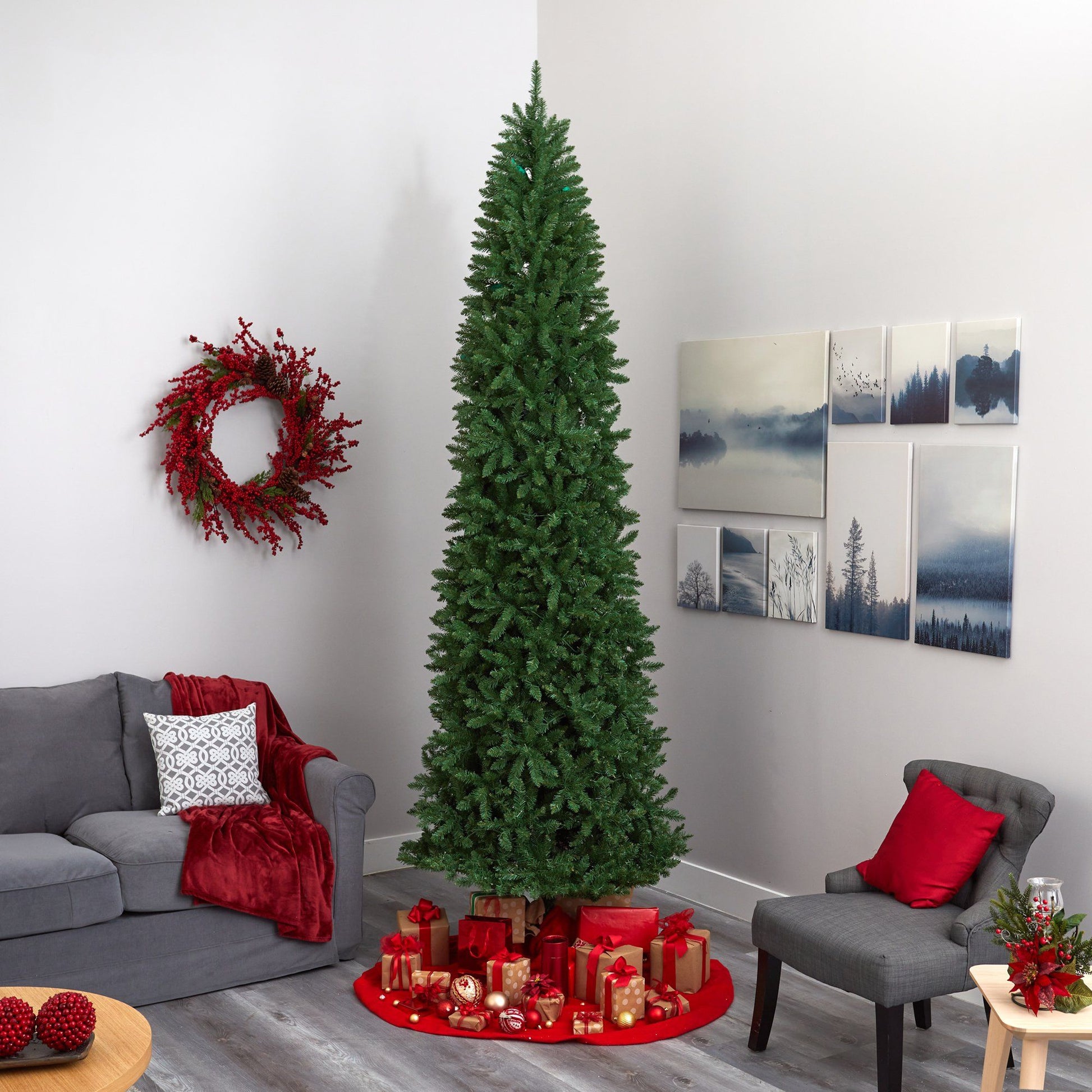10’ Slim Green Mountain Pine Artificial Christmas Tree with 800 Clear LED Lights - TheBOX