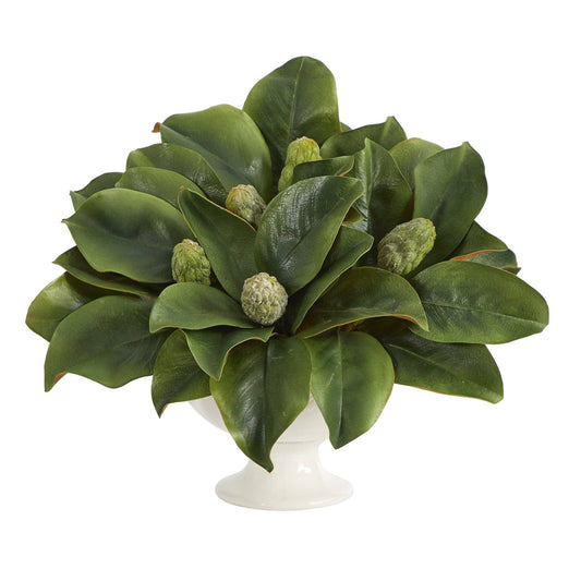 11” Magnolia Artificial Bud Plant in White Pedestal - TheBOX