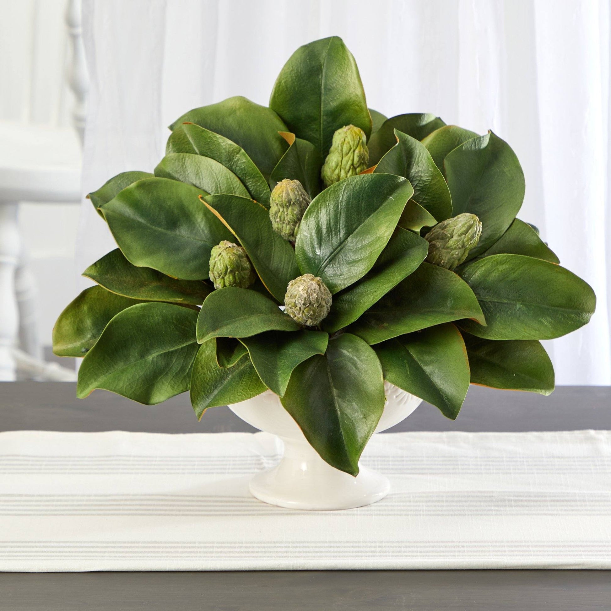 11” Magnolia Artificial Bud Plant in White Pedestal - TheBOX