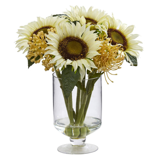 12” Sunflower & Sedum Artificial Arrangement in Vase - TheBOX