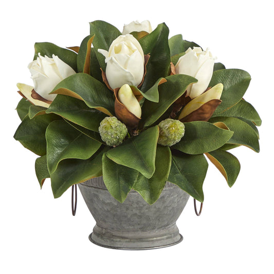 13” Magnolia Artificial Bud Plant in Vintage Bowl with Copper Trimming - TheBOX