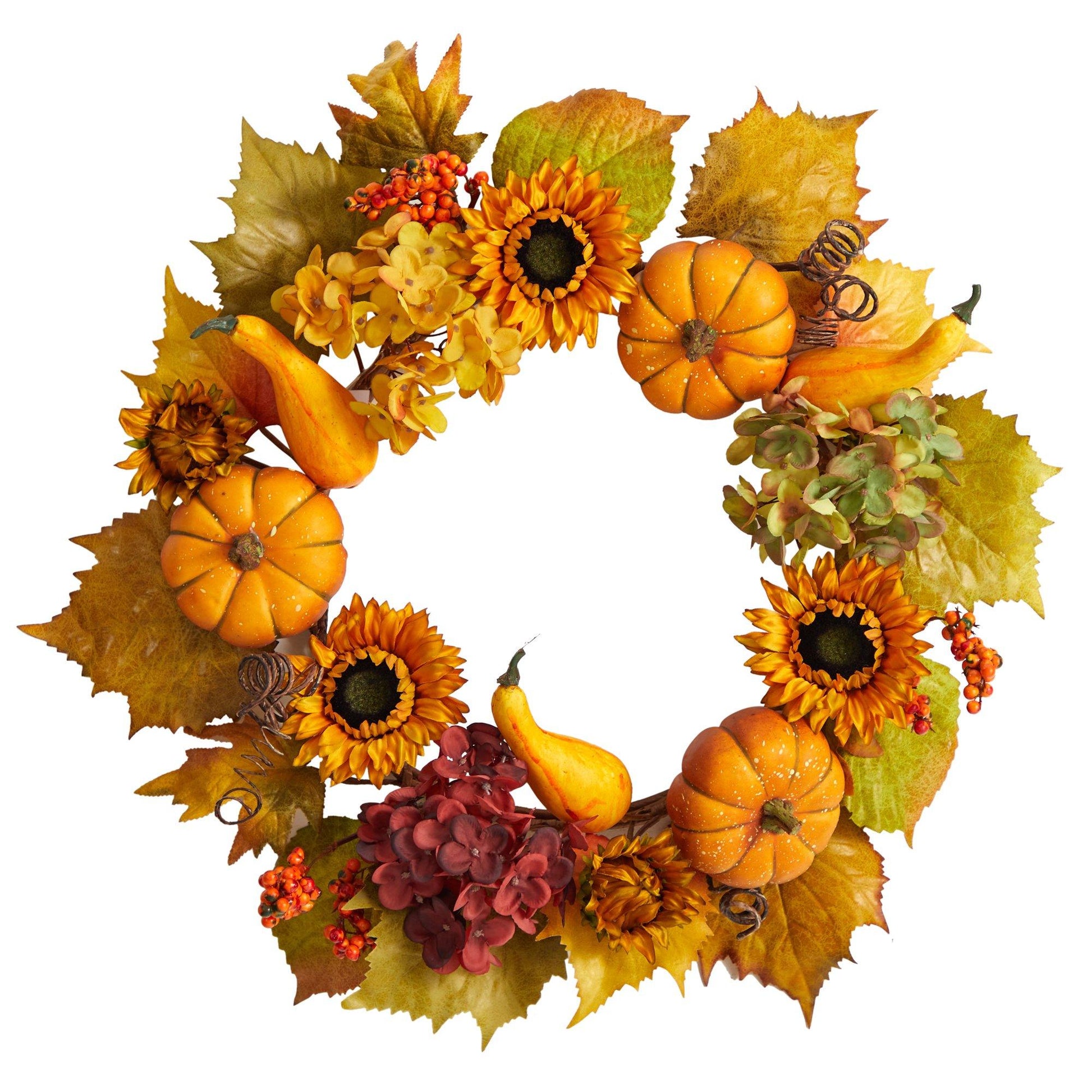 22” Autumn Hydrangea, Pumpkin and Sunflower Artificial Fall Wreath - TheBOX